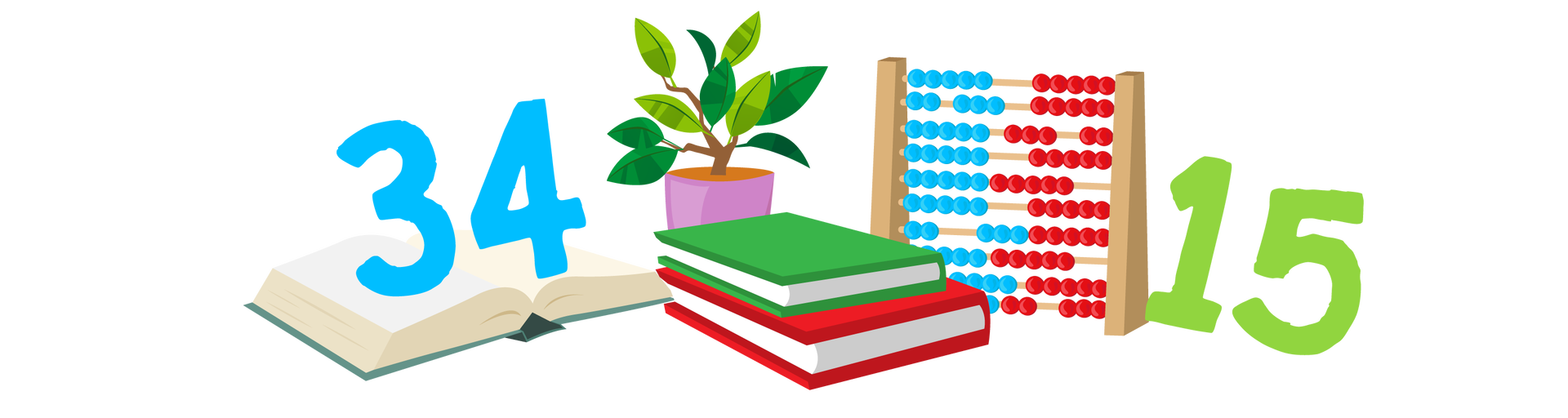 Ilustracja przedstawia kilka przedmiotów. Po lewej stronie leży otwarta książka w ciemnozielonej okładce. Na książce stoi niebieska liczba 34. Na środku widać zieloną roślinę w fioletowej donicy, a przed nią są dwie książki ułożone jedna na drugiej. Pierwsza ma zieloną okładkę, a druga czerwoną. Dalej na prawo stoi jasnobrązowe liczydło. Koraliki znajdujące się po lewej stronie są niebieskie, a te po prawej są czerwone. Po prawej stronie ilustracji stoi jasnozielona liczba 15.