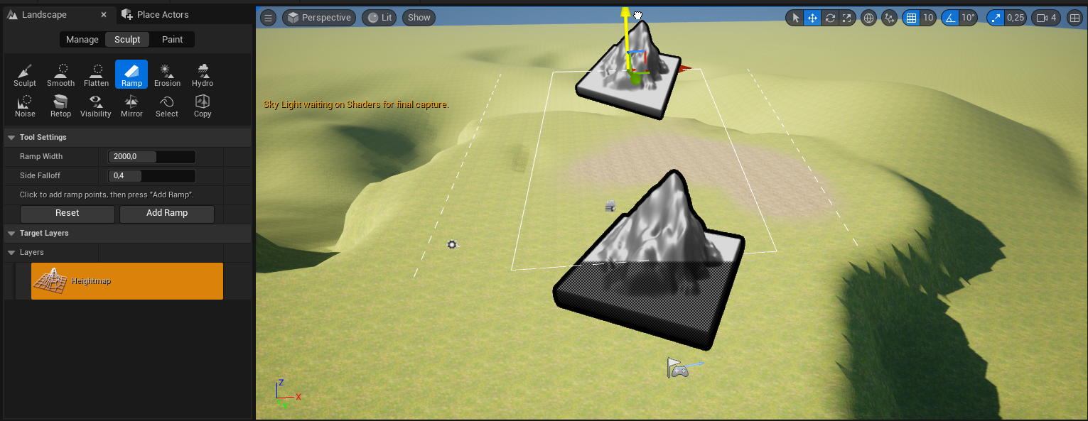 Ilustracja przedstawia zrzut ekranu - panel programu  Unreal Engine . Widoczny jest ekran z rozległą płaszczyzną w kolorze zielono - beżowym. Widoczny jest półokrągły uskok terenu, a za nim pofalowana, zielona płaszczyzna. Pośrodku płaszczyzny znajduje się symbol góry, a nad nim taki sam symbol góry w mniejszej skali z żółtą strzałką wychodzącą pionowo w góry od jej podstawy. Na górze ilustracji znajdują się ułożone w rzędzie symbole graficzne, a lewej strony lista menu z następującymi opcjami: dwie zakładki:  Landscape  i  Place Actors , trzy opcje z wybraną opcją środkową:  Manage, Sculpt, Paint , a pod spodem dwa szeregi ikonek z podpisami. Wybrana jest czwarta ikonka w górnym rzędzie z symbolem figury przestrzennej ze ścianą boczną w kształcie trójkąta prostokątnego i podpisem  Ramp . Poniżej, w kolejnych linijkach znajdują się grupy opcji menu: pierwsza z nich to  Tool Settings  z opcjami:  Ramp Width:  i wpisaną wartością 2000,00,  Side Falloff: 0,4  oraz tekstem:  Click to add ramp points, then press: ”Add ramp”  i dwoma prostokątnymi przyciskami:  Reset  i  Add Ramp ; druga grupa opcji menu to:  Target Layers , a trzecia  Layers  z pomarańczowym przyciskiem z ikonką siatki terenu z widocznym wybrzuszeniem oraz napisem:  Heightmap .