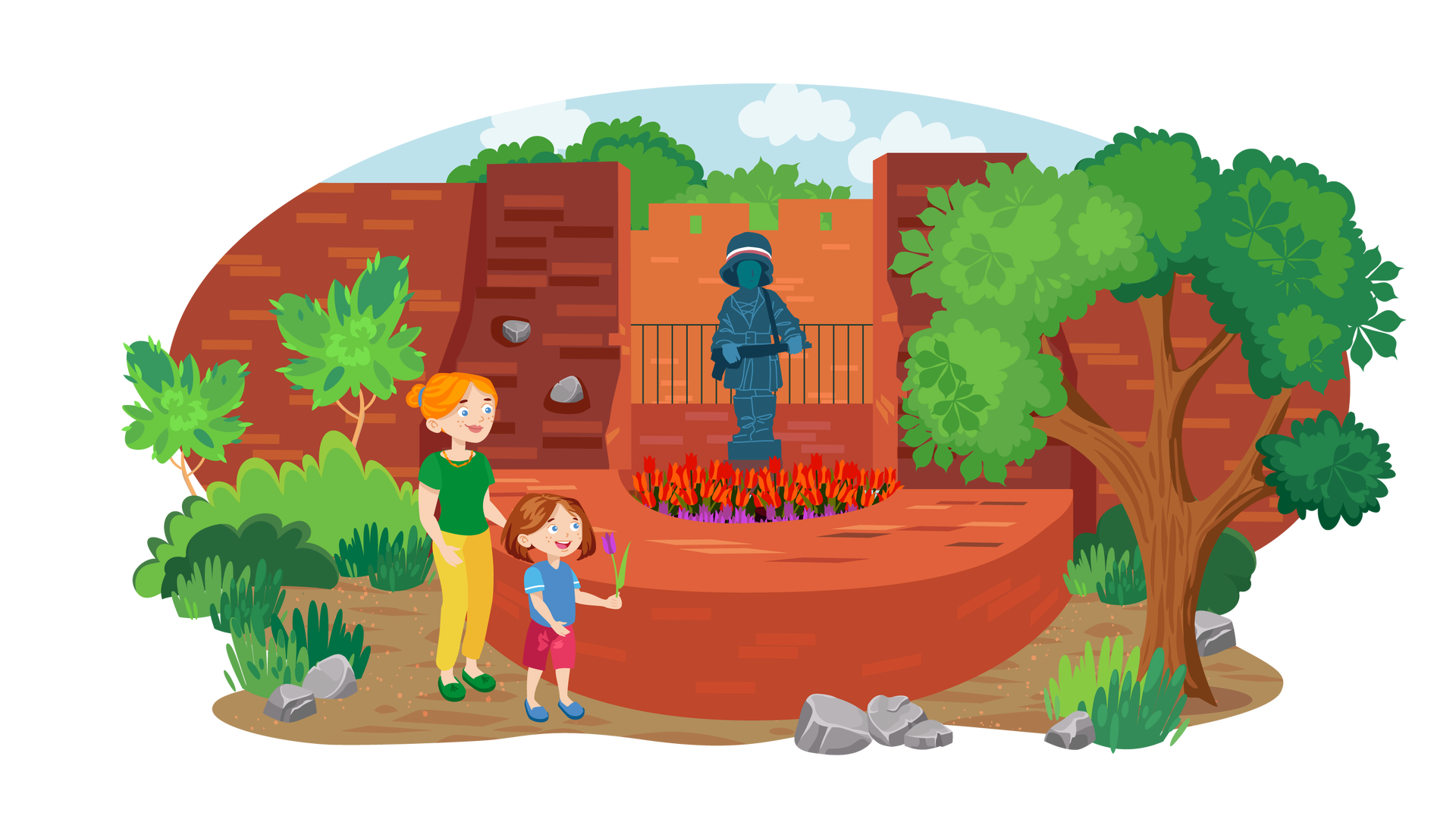 Ilustracja przedstawia pomnik Małego Powstańca. Przedstawia on chłopca w stroju wojskowym, z bronią w rękach i zbyt dużym hełmem na głowie. Stoi on na kamiennym podwyższeniu i jest otoczony czerwonymi i fioletowymi kwiatami. Za nim widać fragment płotu i kamienny mur. Powyżej jest błękitne niebo z jasnymi chmurami. Po prawej stronie stoi duże drzewo liściaste. Obok niego oraz po lewej stronie ilustracji rosną krzewy, wysokie trawy i dwa mniejsze drzewa. Gdzieniegdzie leżą pojedyncze szare kamienie. Przed pomnikiem stoi mama Franka i Mai oraz Maja. Mama jest ubrana w ciemnozieloną bluzkę z krótkimi rękawami, długie ciemnożółte spodnie i ciemnozielone buty. Na szyi ma złoty naszyjnik. Maja jest ubrana w niebieską koszulkę z krótkimi błękitnymi rękawami, krótkie ciemnoróżowe spodnie i ciemnoniebieskie buty. W lewej dłoni trzyma fioletowy kwiat. Spogląda na pomnik i się uśmiecha.