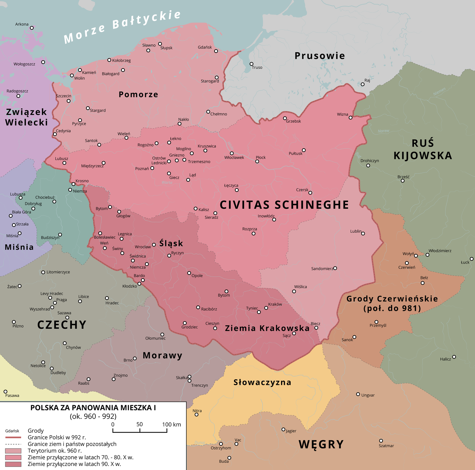 Mapa przedstawia Polskę za panowania Mieszka I. Granice wyglądały podobnie do obecnych, z różnicą że północno‑zachodnia część należała do Prus. Polska nosiła nazwę „Civitas Schineghe”.