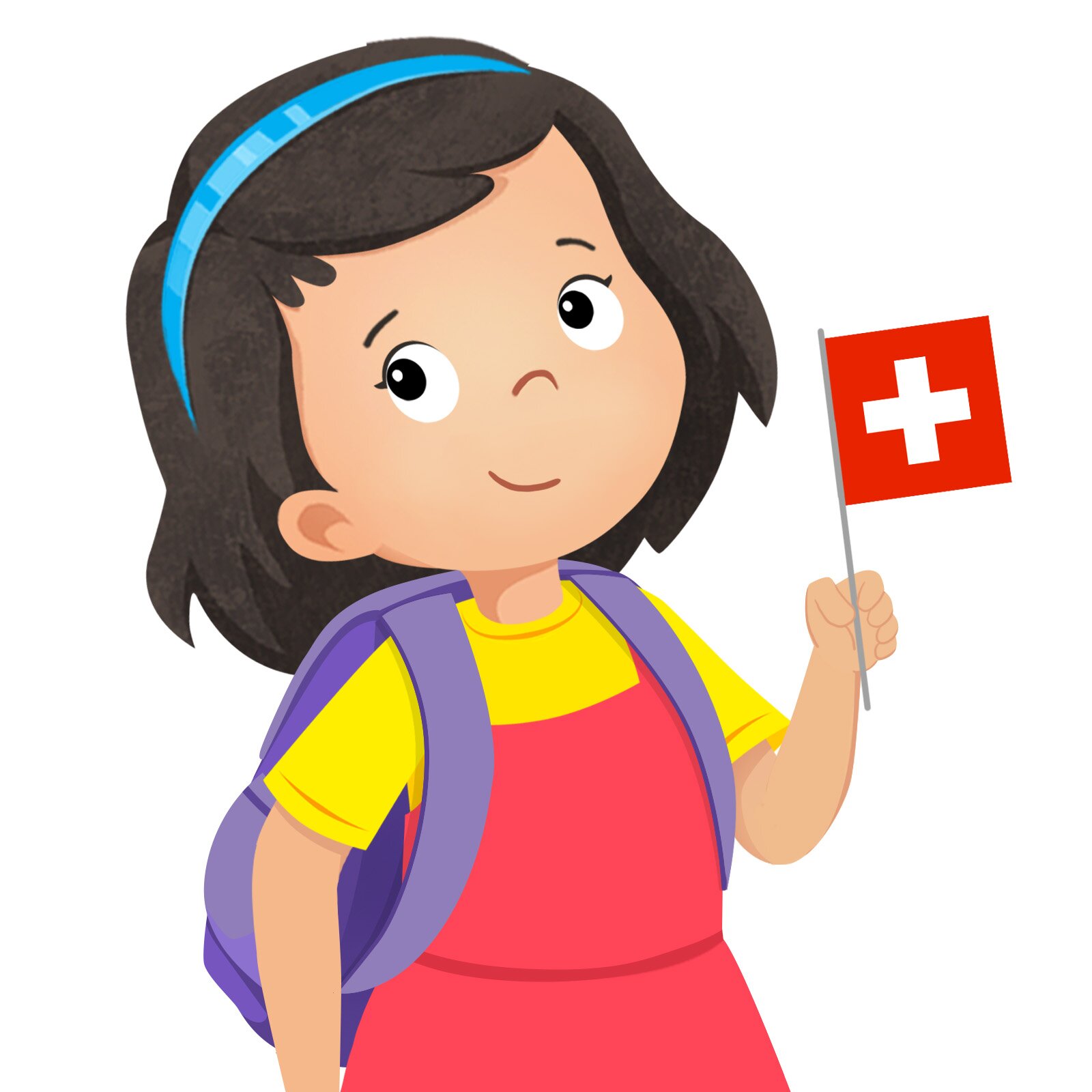 Ilustracja przedstawia dziewczynkę z flagą Szwajcarii.