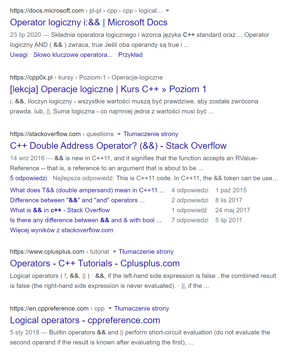 Zrzut ekranu przedstawia wyniki wyszukiwania dla hasła "C++ &amp;&amp;" w wyszukiwarce Google z dnia pisania materiału.