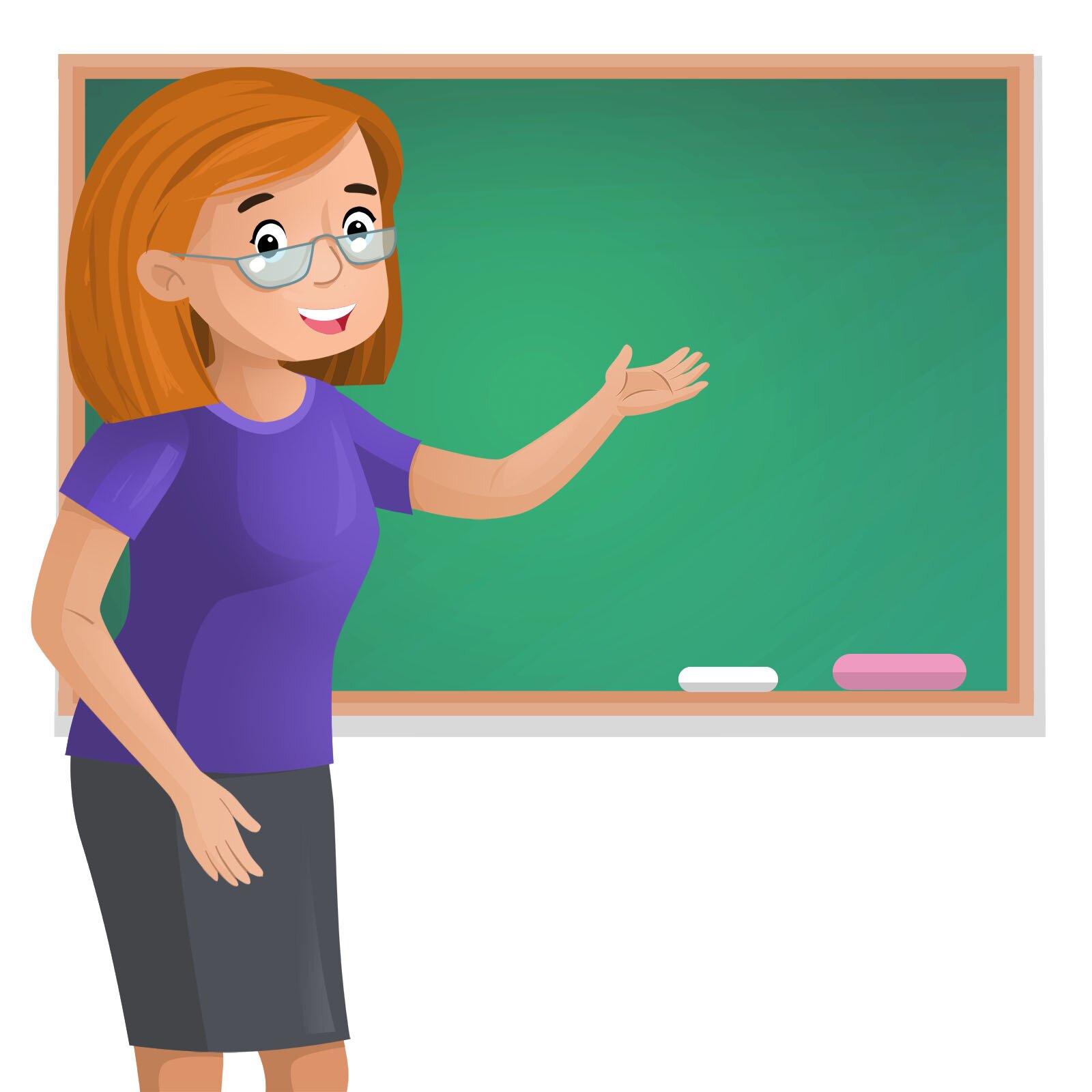 Ilustracja przedstawia nauczycielkę w okularach stojącą przy tablicy.