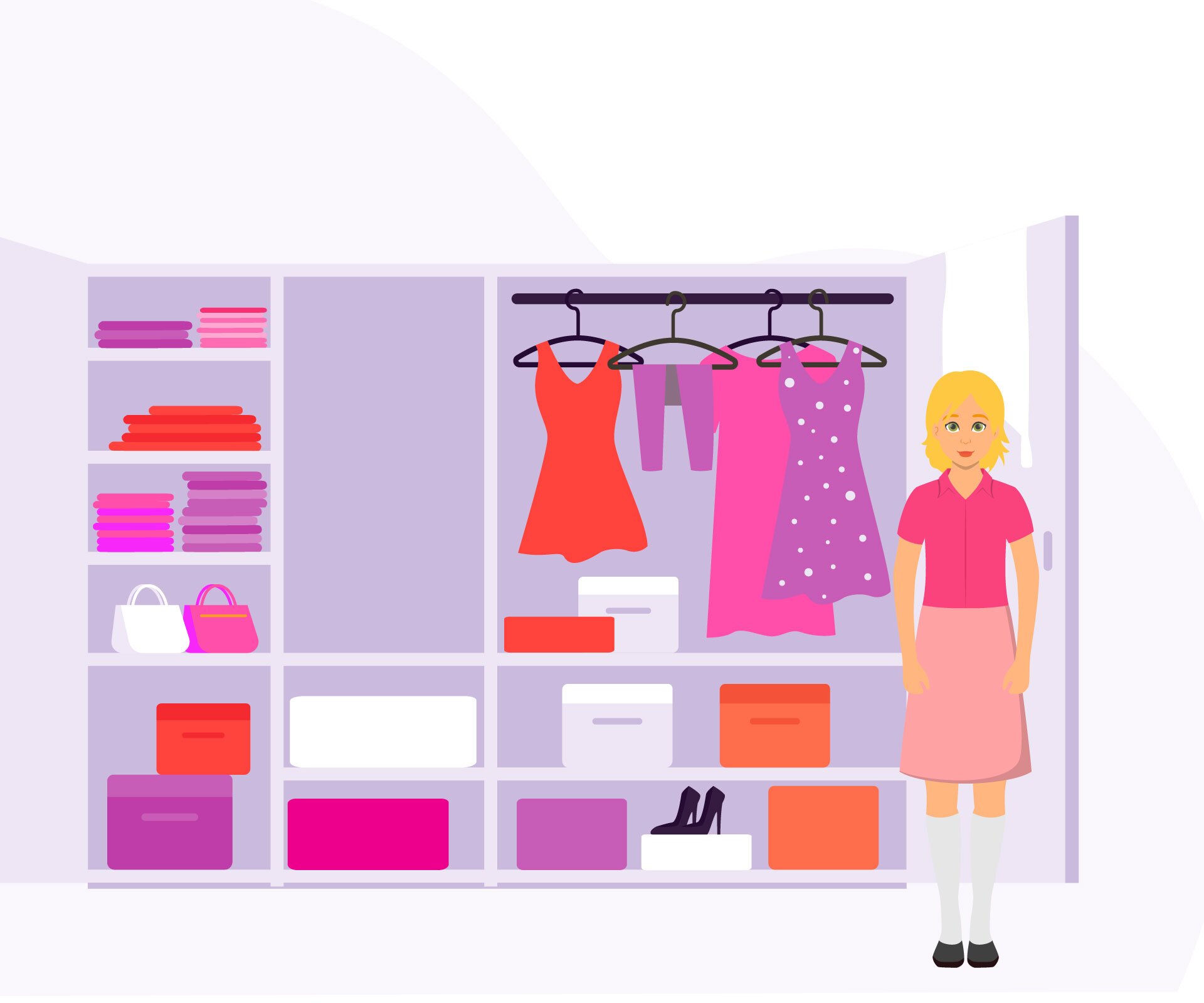 Ilustracja przedstawia kobietę stojącą przed otwartą szafą na ubrania. W środku widoczne są ubrania wiszące na wieszakach. Pudła i pudełka zajmują dolną część szafy. Na półkach widoczne ułożone w kostkę ubrania. Wszystko jest w kolorystyce różu, czerwieni i pomarańczy.