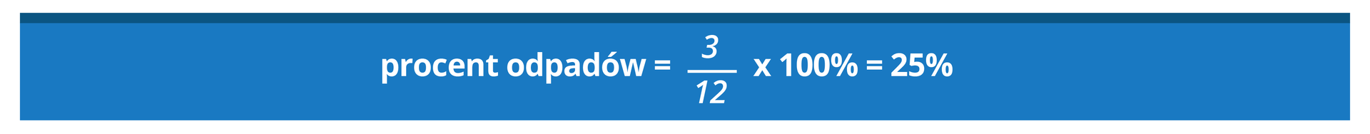 Grafika przedstawia następujące obliczenia: procent odpadów równa się ułamek trzy dwunaste razy 100% równa się 25%.