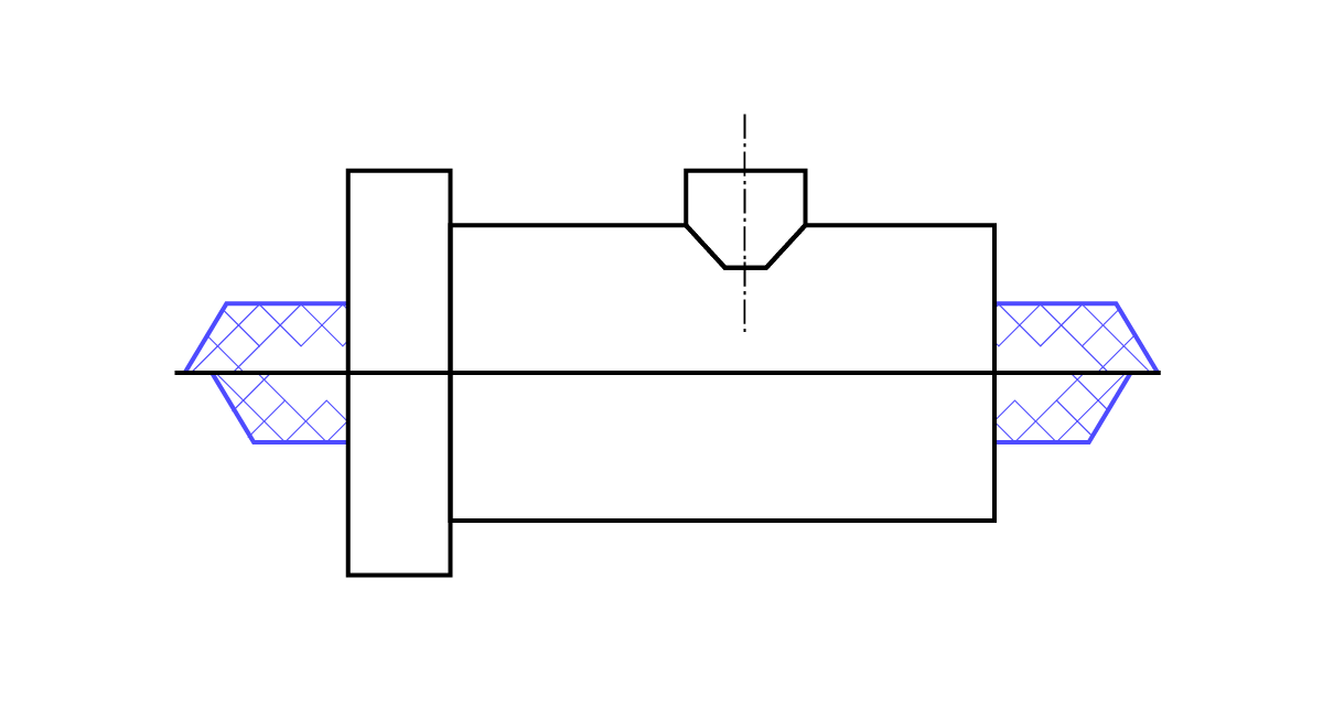 Ilustracja przedstawia rysunek techniczny znaków rdzeniowych. Pozioma linia poprowadzona jest od lewej strony. Przy jej lewym końcu znajdują się stykające się dłuższymi podstawami trapezy prostokątne. Górny nieco większy on dolnego. Mają one niebieskie boki, z wyjątkiem czarnej linii, na której rozmieszczone są dłuższe podstawy. Kąty proste trapezów znajdują się po lewej stronie. I stykają z dwoma czarnymi prostokątami, które są symetryczne względem wspomnianej początkowo poziomej linii. Ich dłuższe krawędzie zorientowane są pionowo i są ponad dwa razy dłuższe od wysokości trapezów. Do prawego pionowego boku dolnego prostokąta przylega drugi duży prostokąt, stykający się z nim krótszym bokiem. Z jego prawym krótszym bokiem styka się bok trapezu, który jest foremny względem lewego dolnego trapezu i jest jego odbiciem lustrzanym. Powyżej niego znajduje się również trapez. Przylegają one do siebie i górny prawy trapez jest odbiciem lustrzanym górnego lewego trapezu. W górnej części pomiędzy małym prostokątem z lewej strony i trapezem w prawej górnej części znajduje się figura. Można ją przyrównać do prostokąta z dłuższym bokiem zorientowanym poziomo. Jednak w około trzech piątych długości jego górnego boku znajduje się osadzona częściowo we wnętrzu prostokątna pięciokątna figura. Przez jej środek przechodzi pionowo zorientowana linia przerywana dzieląca pięciokąt na dwie równe, symetryczne względem owej linii części.