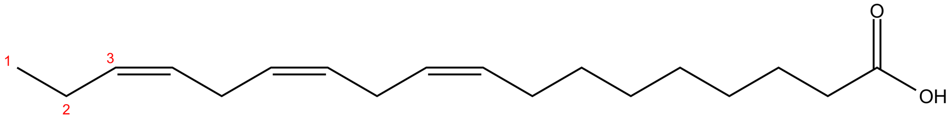 Na ilustracji jest wzór kwasu α-linolenowy. To długi łańcuch, tworzący zygzak. Są w nim trzy wiązania podwójne - pomiędzy 3 i 4, 6 i 7, 9 i 10 atomem węgla. Po prawej stronie łańcucha jest grupa COOH.