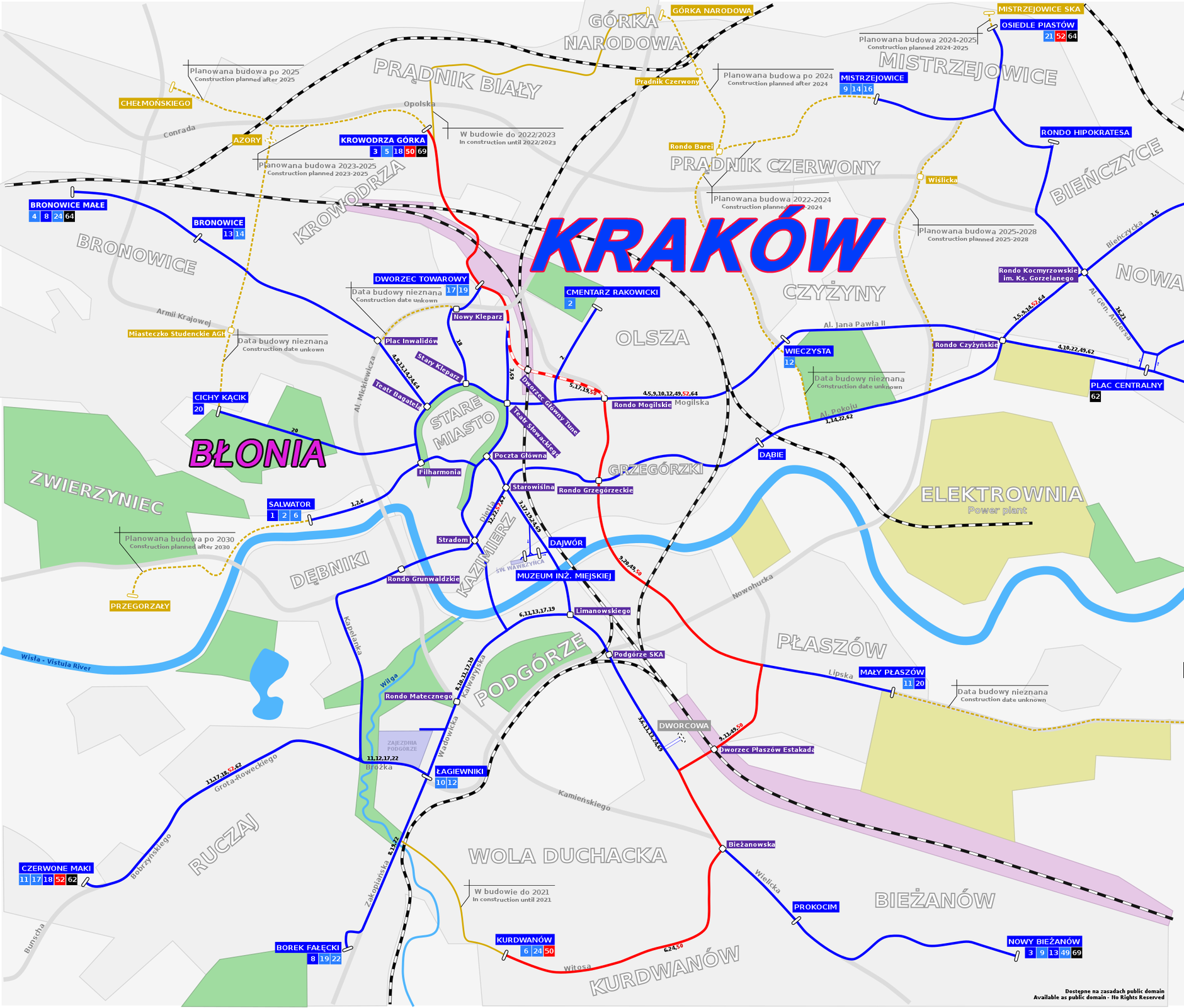 Mapa Krakowa. Widoczne linie kolejowe, linie tramwajowe, ważniejsze ulice, tereny zielone, bieg rzeki Wisły. Na żółto zaznaczone cztery obszary przemysłowe, jeden podpisany: Elektrownia. Na mapie znajdują się nazwy następujących dzielnic: Górka Narodowa, Mistrzejowice, Bieńczyce, Czyżyny, Prądnik Biały, Prądnik Czerwony, Bieńczyce, Bronowice, Krowodrza, Olsza, Stare Miasto, Zwierzyniec, Dębniki, Kazimierz, Grzegórzki,  Podgórze, Płaszów, Ruczaj, Wola Duchacka, Kurdwanów, Bieżanów. Na wschód od Starego Miasta zaznaczony zielonym kolorem obszar, podpisany: BŁONIA.