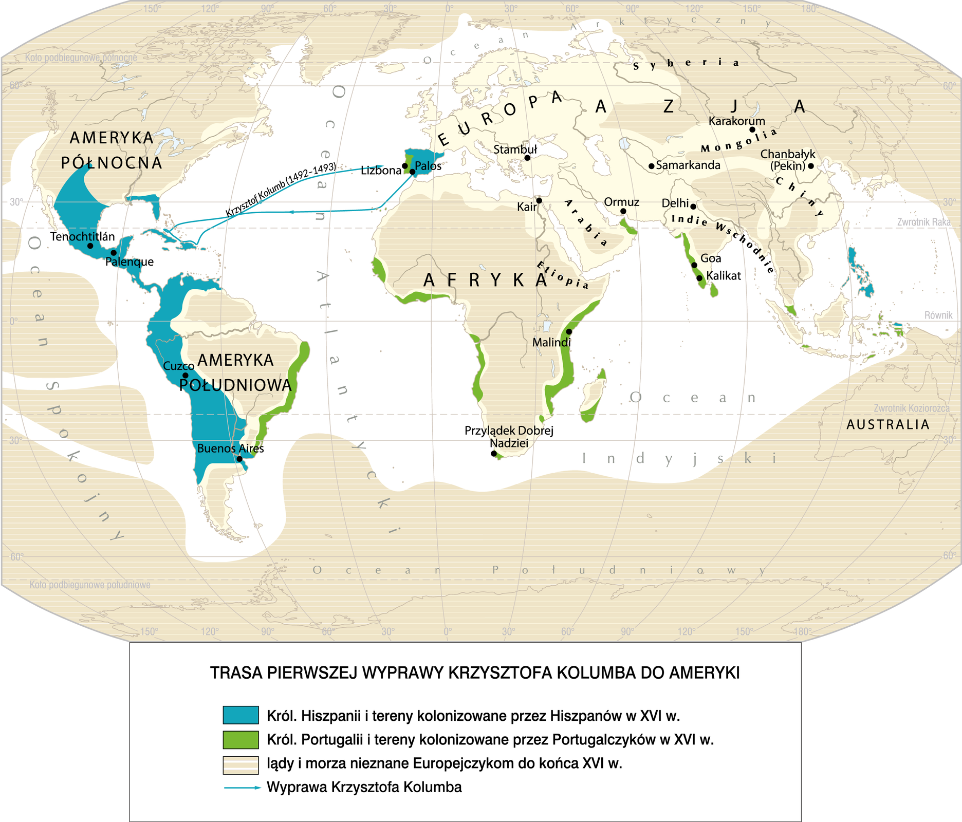 Na ilustracji mapa z trasą pierwszej wyprawy Krzysztofa Kolumba do Ameryki.