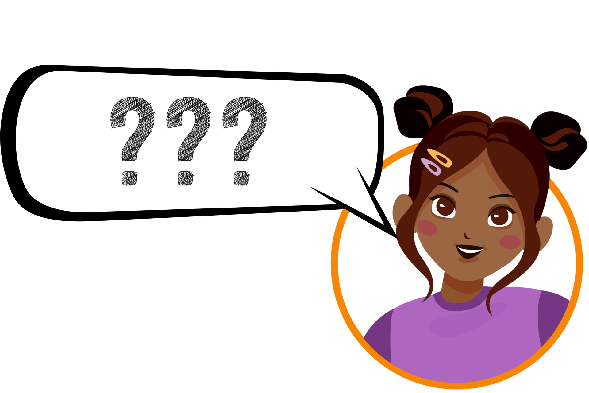 Ilustracja przedstawia twarz dziewczynki w filetowej koszulce oraz dymek z trzema znakami zapytania.