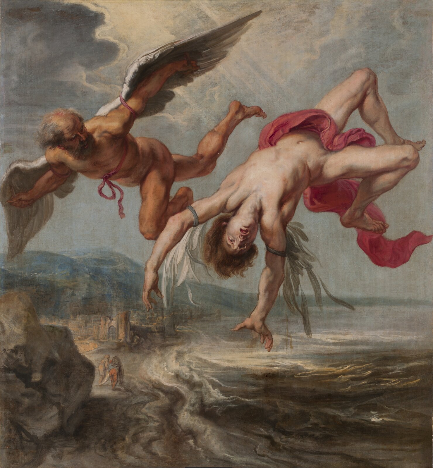 Ilustracja przedstawia obraz Petera Paula Rubensa "Upadek Ikara". Ukazuje dwie postacie w powietrzu na tle niskiego pejzażu. Po lewej stronie znajduje się Dedal z rozpostartymi ramionami, na których założone ma skrzydła. Jego lewa noga jest podkurczona, prawa lekko ugięta. Brodaty mężczyzna spogląda na spadającego Ikara. Ciało młodzieńca jest bezwładne, fragmenty jego skrzydeł są zwiotczałe. Na twarzy rysuje się przerażenie z powodu upadku. Pejzaż w dole ukazuje skaliste wybrzeże z zabudowaniami. Po brzegu przechadza się para ludzi. Ciemne morze zapowiada tragedię. Przez chmury na niebie przedostają się promienie słońca.