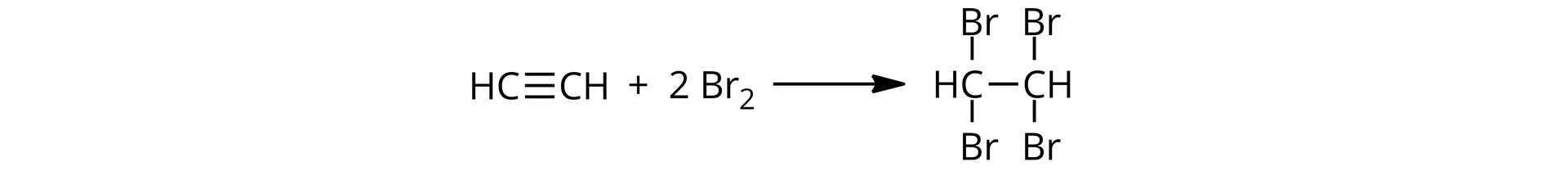 Ilustracja przedstawiająca równanie reakcji addycji bromu do alkinu. Cząsteczka etynu zbudowanego z dwóch grup CH połączonych za pomocą wiązania potrójnego. Dodać dwie cząsteczki bromu Br2. Strzałka w prawo, za strzałką cząsteczka 1,1,2,2-tetrabromoetanu zbudowanego z dwóch połączonych za pomocą wiązania pojedynczego atomów węgla, z których każdy podstawiony jest atomem wodoru oraz dwoma atomami bromu. 