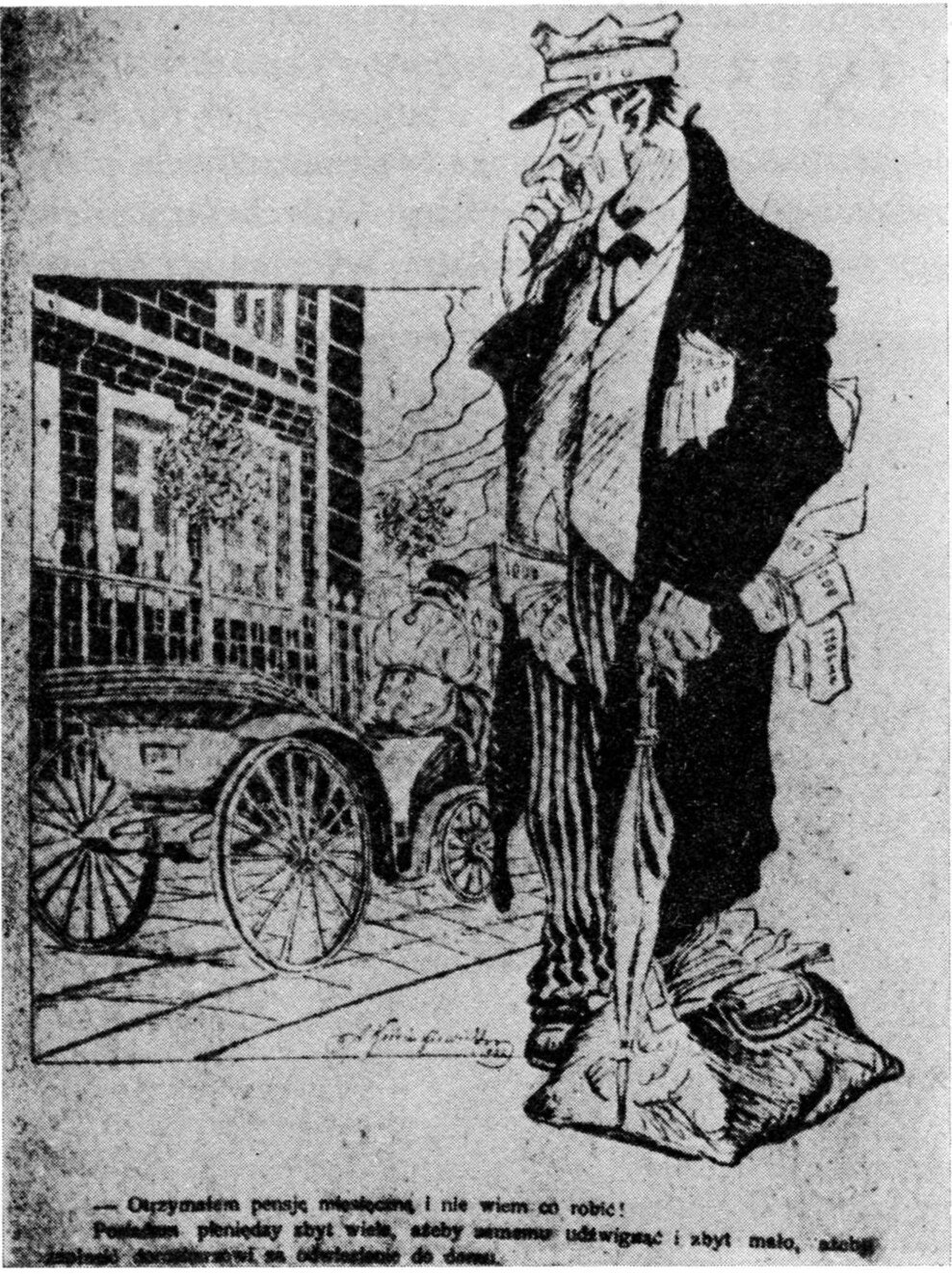 Ilustracja przedstawia grafikę satyryczną. Grafika przedstawia mężczyznę w średnim wieku, który stoi na ulicy z walizką pełną pieniędzy. Banknoty pieniędzy trzyma również pod pachą. W prawej dłoni mężczyzna trzyma parasolkę. Jest on ubrany w kaszkiet, surdut, kamizelkę oraz spodnie w paski. Obok mężczyzny stoi dorożka.