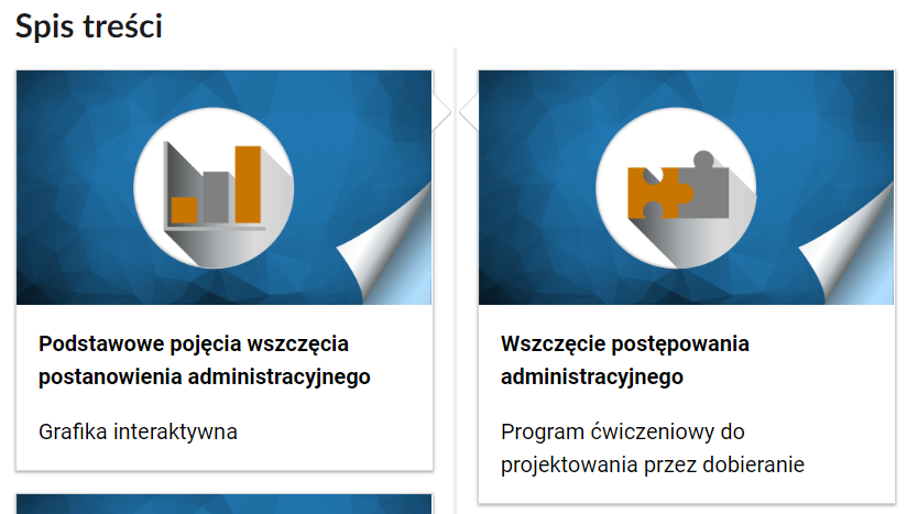 Grafika przedstawia przykładowy wygląd spisu treści. Składa się on z prostokątnych kafelków. Kafelki w dolnej części posiadają podpis na białym tle, a w górnej grafikę odpowiadającą typowi multimedium. Kafelek z lewej nosi tytuł: Podstawowe pojęcia wszczęcia postanowienia administracyjnego, grafika interaktywna. Grafika symbolizująca grafikę interaktywną to wykres słupkowy. Kafelek po prawej nosi tytuł: Wszczęcie postępowania administracyjnego, program ćwiczeniowy do projektowania przez dobieranie. Grafika symbolizująca program to dwa połączone puzzle.