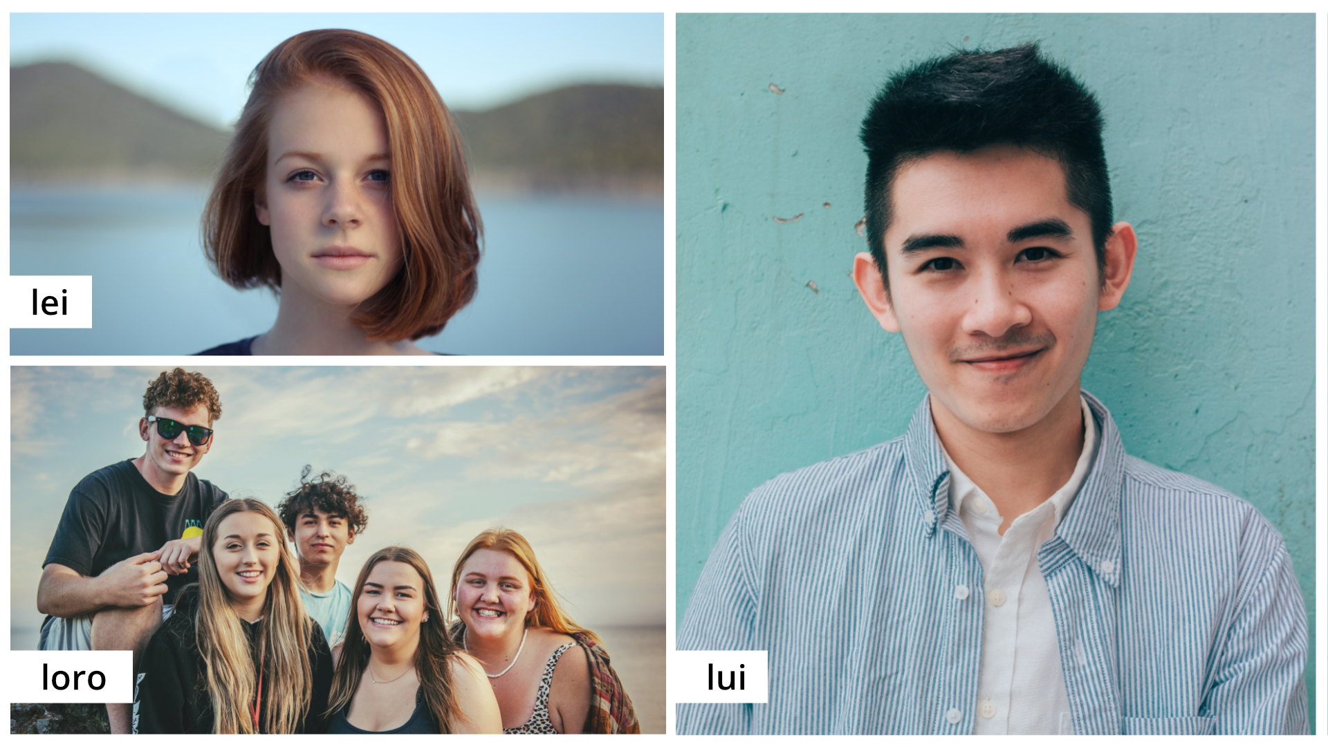 Ilustracja składa się z trzech zdjęć. Pierwsze przedstawia dziewczynę, obok znajduje się napis "lei". Drugie zdjęcie przedstawia chłopaka, obok jest napis "lui". Na trzecim zdjęciu znajduje się grupa młodych ludzi i napis "loro".