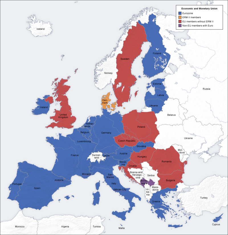 Mapa Europy z oznaczonymi krajami, które są członkami Uni monetarnej i ekonomicznej, Economic and Monetary Union. Kraje wchodzące w skład Strefy Euro, Eurozone: Cyprus, Malta, Italy, San Marino, Greece, Monaco, Andorra, France, Portugal, Spain, Luxembourg, Lichtenstein, Belgium, Germany, Netherlands, Austria, Slovenia, Slovakia, Lithuania, Latvia, Estonia, Finland, Ireland. Kraje wchodzące w skład europejskiego mechanizmu kursów walutowych, ERM II members: Denmark. Kraje wchodzące w skład Unii Europejskiej z wyłączeniem krajów członkowskich europejskiego mechanizmu kursów walutowych, EU members without EMR II: United Kingdom, Sweden, Poland, Czech Republic, Croatia, Hungary, Romania, Bulgaria. Kraj, który nie jest członkiem Unii Europejskiej, ale wdrożył walutę Euro, Non-EU member with Euro: Montenegro. 