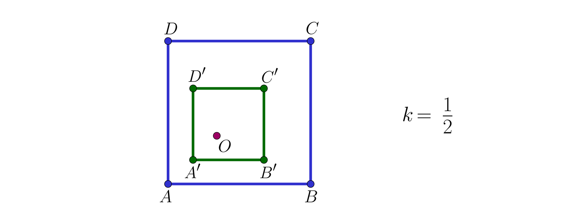 Na ilustracji przedstawiono granatowy kwadrat ABCD. Wewnątrz kwadratu ABCD, znajduje się mniejszy, zielony kwadrat A'B'C'D'. W dolnej części kwadratu A'B'C'D' znajduje się punkt O. Po prawej stronie znajduje się informacja k=12.