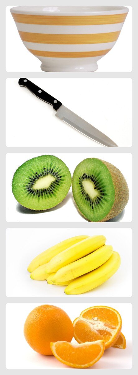 Ilustracja przedstawia pięć różnych zdjęć ustawionych pionowo. Od góry jest ilustracja głębokiej miski, następnie noże, potem przekrojone kiwi, następnie kiści bananów i przekrojona pomarańcza.