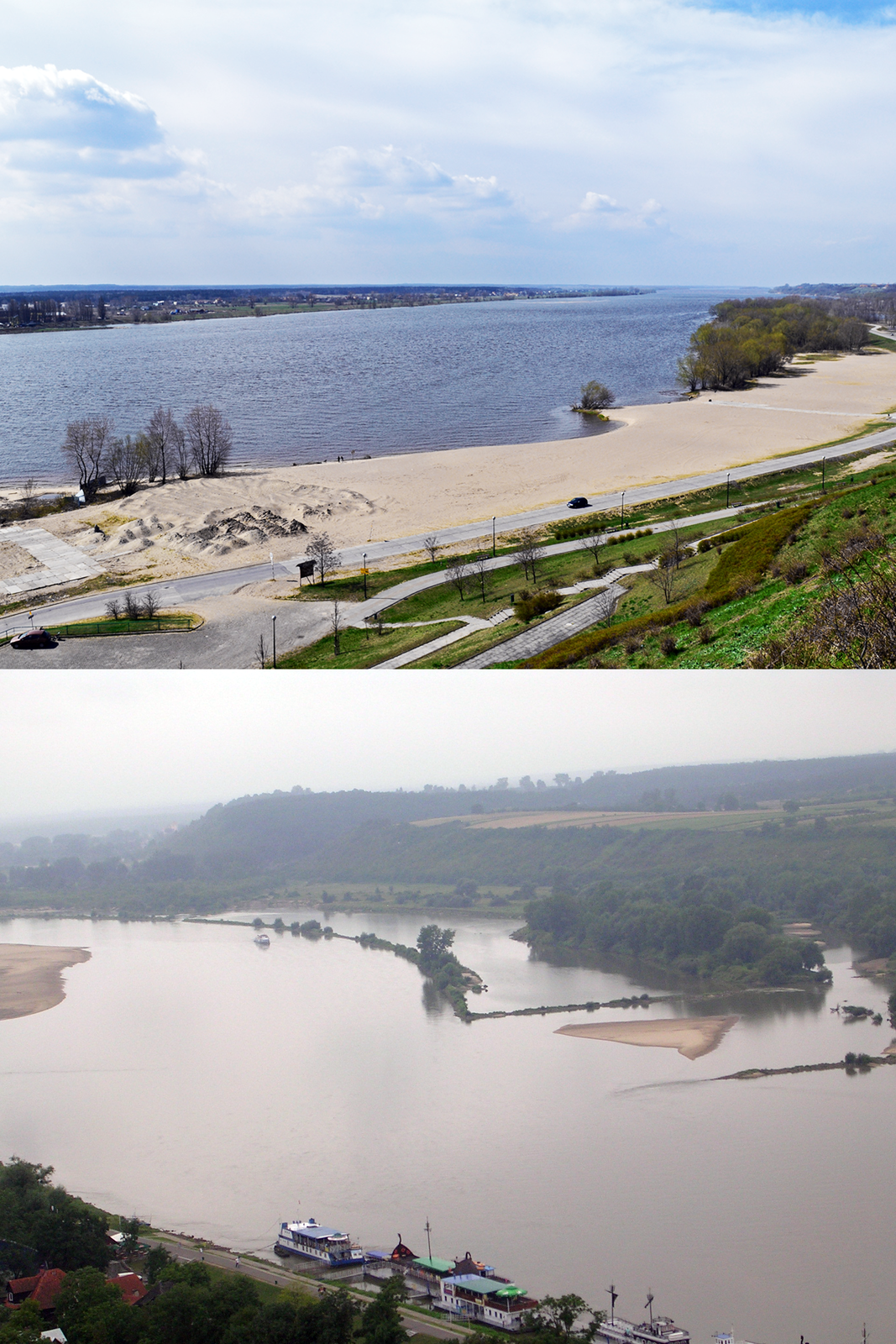 Dwie fotografie prezentujące dolny bieg rzeki. Na fotografii górnej widać koryto rzeki, jest szerokie i rozległe, a powierzchnia wody gładka. Brzegi mają postać piaszczystych plaż. Na fotografii dolnej widać szerokie koryto rzeki. Powierzchnia wody jest gładka. Na jednym z brzegów znajduje się przystań dla jachtów.
