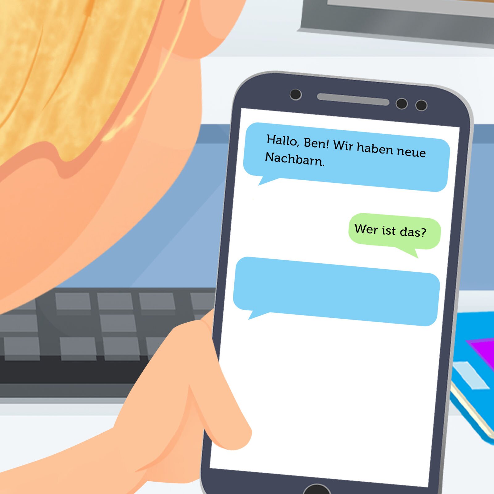 Ilustracja przedstawia ekran telefonu komórkowego, na którym wyświetlone są wiadomości tekstowe:  