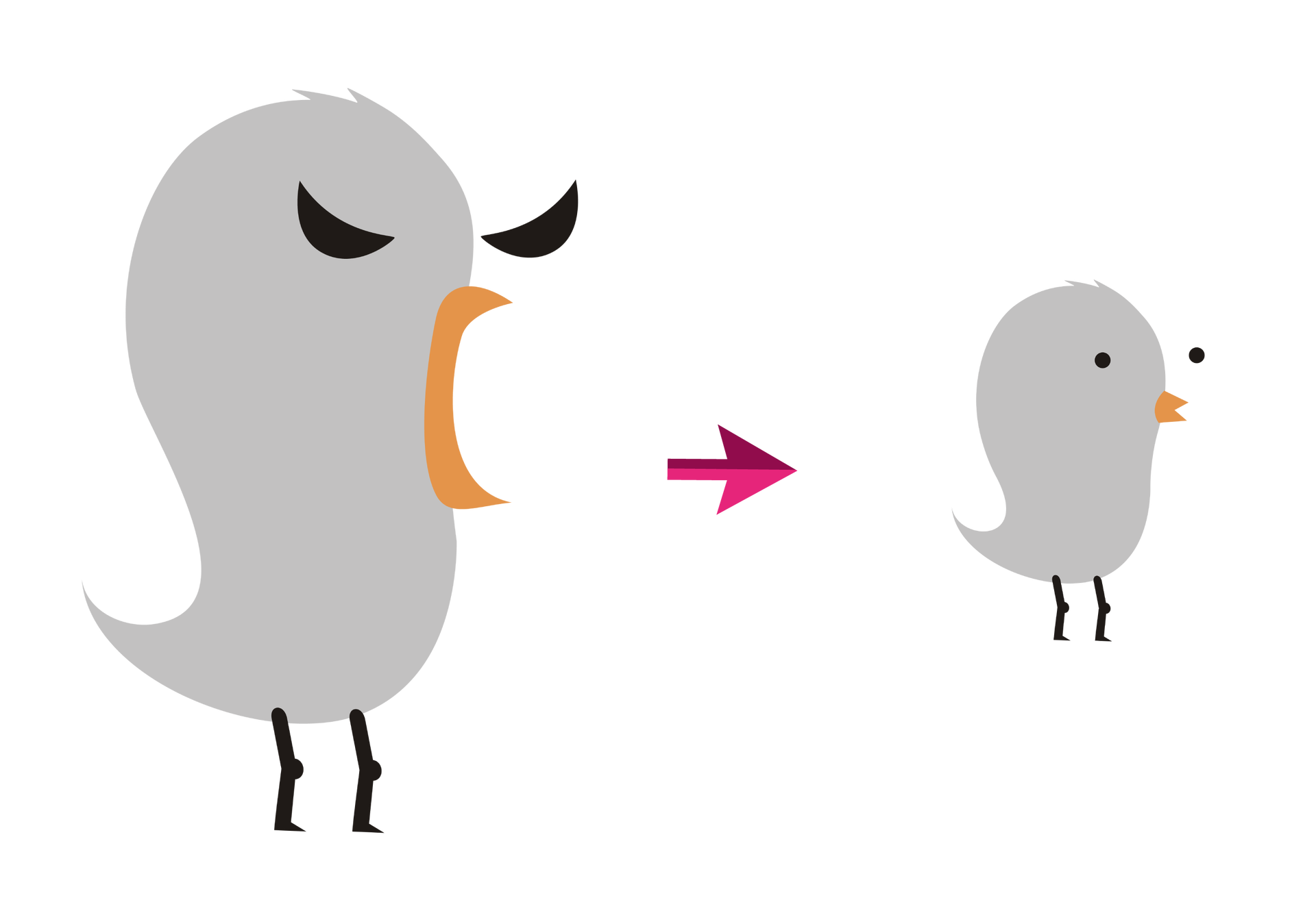 Kolorowa ilustracja przedstawia dwa ptaki - duży (stoi bliżej) i mały (w głębi). Są szare, mają dzioby, oczy i nogi. Duży ma otwarty dziób, przed którym jest strzałka w kierunku małego ptaka.