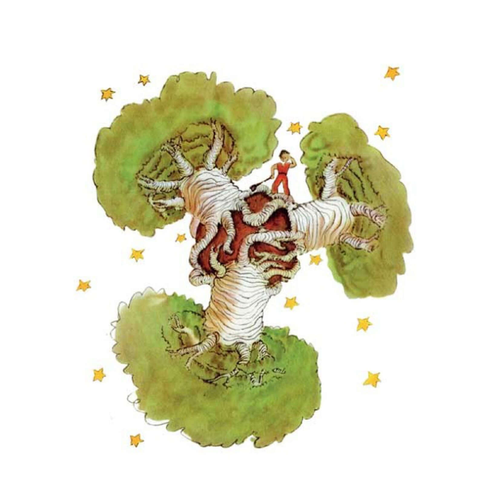 Rysunek przedstawia malutką rdzawą planetę, która poprzerastały 3 olbrzymie baobaby. Mały Książę stoi tam z łopatą i trzyma się za głowę. Dookoła planety widac złote gwiazdki.