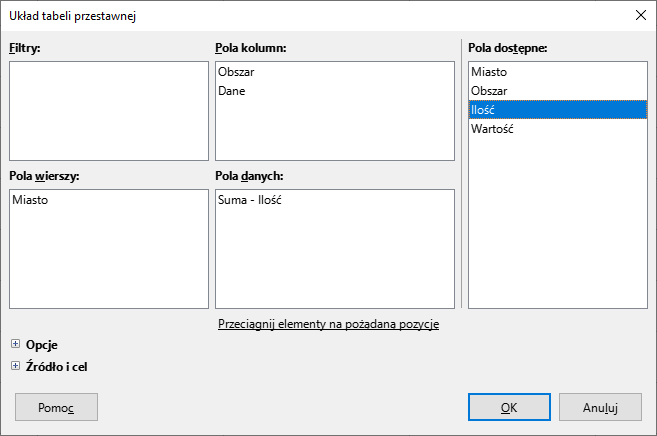 Ilustracja przedstawia otwarte okno dialogowe Układ tabeli przestawnej składające się z pięciu pół: Filtry, Kolumny, Wiersze, Wartości, Pola dostępne. W Pola kolumn wpisane są elementy: Obszar, Dane. W Pola dostępne wpisane są elementy: Miasto, Obszar, Ilość (podświetlone), Wartość. W Pola wierszy wpisany jest element Miasto. W Pola danych wpisany jest element Suma - Ilość. Na dole okna znajdują się przyciski: Pomoc, OK, Anuluj.