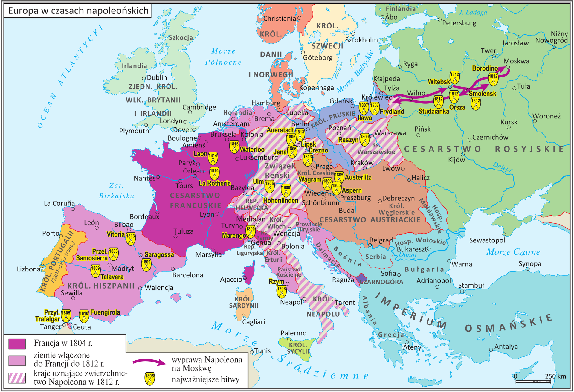 Mapa prezentuje Europę w czasach napoleońskich. Zaznaczony jest na niej obszar Cesarstwa Francuskiego w 1804 roku, a także ziemie włączone do Francji do 1812 roku (czyli Królestwo Hiszpanii, Królestwo Etrurii, Państwo Kościelne, Dalmacja, Holandia i północna część Niemiec z Hamburgiem i Bremą. Ukazane są także kraje uznające zwierzchnictwo Napoleona w 1812 roku: Królestwo Neapolu, Królestwo Włoch, Republika Helwecka, Związek Reński, Księstwo Warszawskie. Ukazana jest także droga wojsk napoleońskich w Rosji, w wyprawie na Moskwę: z Królewca, przez Witebsk, Smoleńsk, Borodino do Moskwy i odwrót przez Orszę, Studziankę, Wilno do Księstwa Warszawskiego. Na mapie zaznaczone są także bitwy stoczone przez wojska napoleońskie, między innymi: 1805 bitwa pod Austerlitz, 1805 bitwa morska pod Trafalgarem, 1806 bitwa pod Jeną i Auerstadt, 1807 bitwa pod Iławą Pruską, 1812 bitwa pod Borodino, 1813 bitwa pod Lipskiem, 1815 bitwa pod Waterloo. 