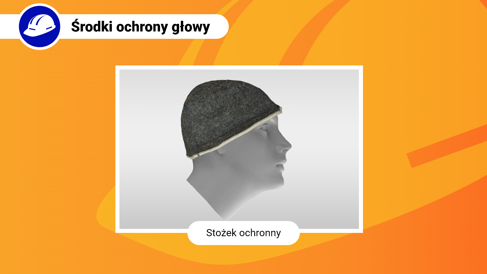 Zdjęcie w ramce z podpisem: stożek ochronny. Przedstawia czapkę - stożek ochronny - dokładnie przylegającą do głowy manekina.