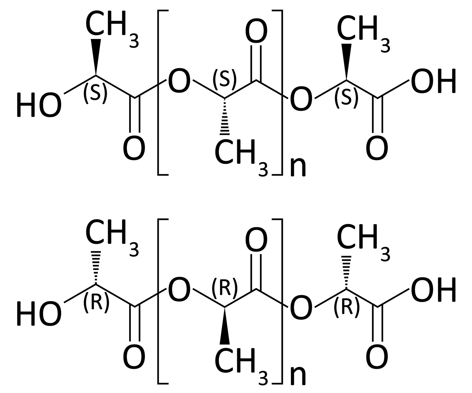 Na ilustracji znajdują się wzory szkieletowe dwóch izomerów. Wzory są rozbudowane. W nawiasach kwadratowych we fragmencie obydwu wzorów jest między innymi grupa metylowa, dwa atomy tlenu. Część ta jest n razy wzięta. W pozostałej części wzoru również są grupy metylowe, atomy tlenu i grupy hydroksylowe. 