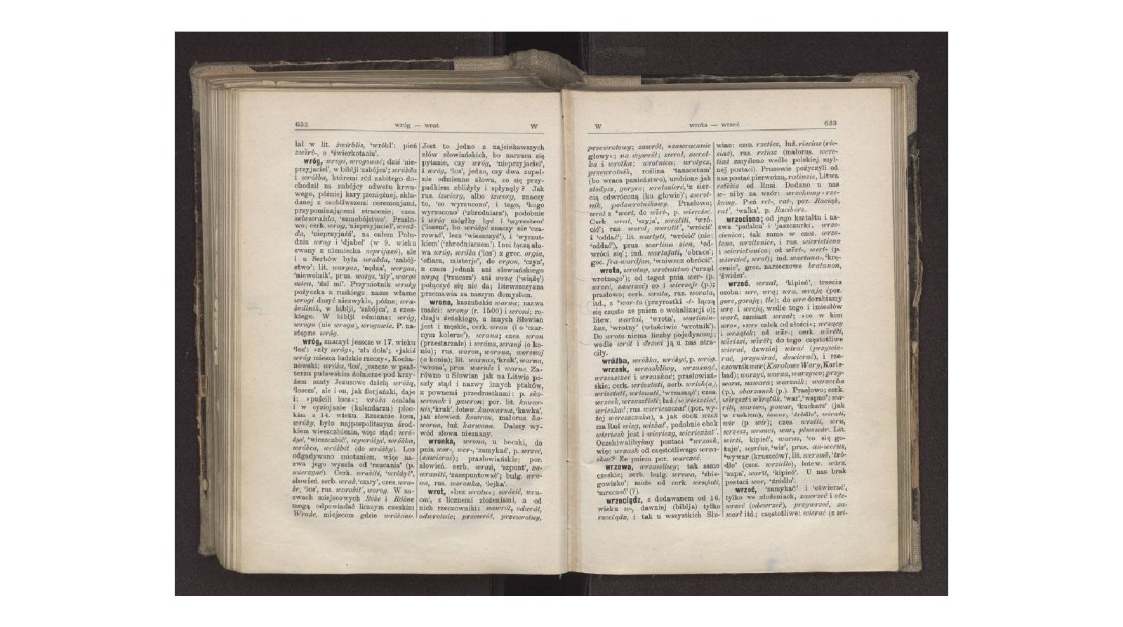 <span lang="de">Aleksander Brückner</span>, Słownik etymologiczny języka polskiego Skan rozkładówki słownika. Strony 632 i 633. Znajdują się na nich hasła na literę w, m.in. Wróg. Treść hasła: wróg, znaczył jeszcze w 17. wieku ‘los’: »zły wróg«, ‘zła dola’; »jakiś wróg miesza ludzkie rzeczy«, Kochanowski; wróża, ‘los’, jeszcze w psałterzu puławskim żołnierze pod krzyżem szaty Jezusowe dzielą wróżą, ‘losem’, ale i on, jak florjański, daje i: »puścili loos«; wróża ocalała i w cyziojanie (kalendarzu) płockim z 14. wieku. Rzucanie losu, wróży, było najpospolitszym środkiem wieszczbienia, więc stąd: wróżyć, ‘wieszczbić’, wywróżyć, wróżka, wróżca, wróżbit (do wróżby). Los odgadywano miotaniem, więc nazwa jego wyszła od ‘rzucania’ (p. wierzgać). Cerk. wrażiti, ‘wróżyć’, słowień. serb. wraż, ‘czary’, czes. wraże, ‘los’, rus. worozit’, worog. W nazwach miejscowych Róże i Różne mogą odpowiadać licznym czeskim Wraże, miejscom gdzie wróżono. Jest to jedno z najciekawszych słów słowiańskich, bo narzuca się pytanie, czy wróg, ‘nieprzyjaciel’, i wróg, ‘los’, jedno, czy dwa zupełnie odmienne słowa, co się przypadkiem zbliżyły i spłynęły? Jak rus. izwierg, albo izworg, znaczy to, ‘co wyrzucono’, i tego, ‘kogo wyrzucono’ (‘zbrodniarz’), podobnie i wróg mógłby być i ‘wyrzutem’ (‘losem’, bo wróżyć znaczy nie ‘czarować’, lecz ‘wieszczyć’), i ‘wyrzutkiem’ (‘zbrodniarzem’). Inni łączą słowa wróg, wróża (‘los’) z grec. orgia, ‘ofiara, misterje’, do ergon, ‘czyn’, z czem jednak ani słowiańskiego wrgą (‘rzucam’) ani wrzą (‘wiążę’) połączyć się nie da; litewszczyzna przemawia za naszym domysłem.