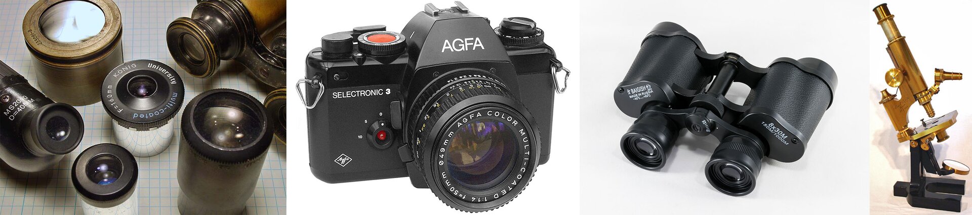 Rys. a. Na czterech zdjęciach przedstawiono urządzenia wykorzystujące soczewki. Od lewej są to: okulary teleskopów i lunet, aparat fotograficzny, lornetka i mikroskop.
