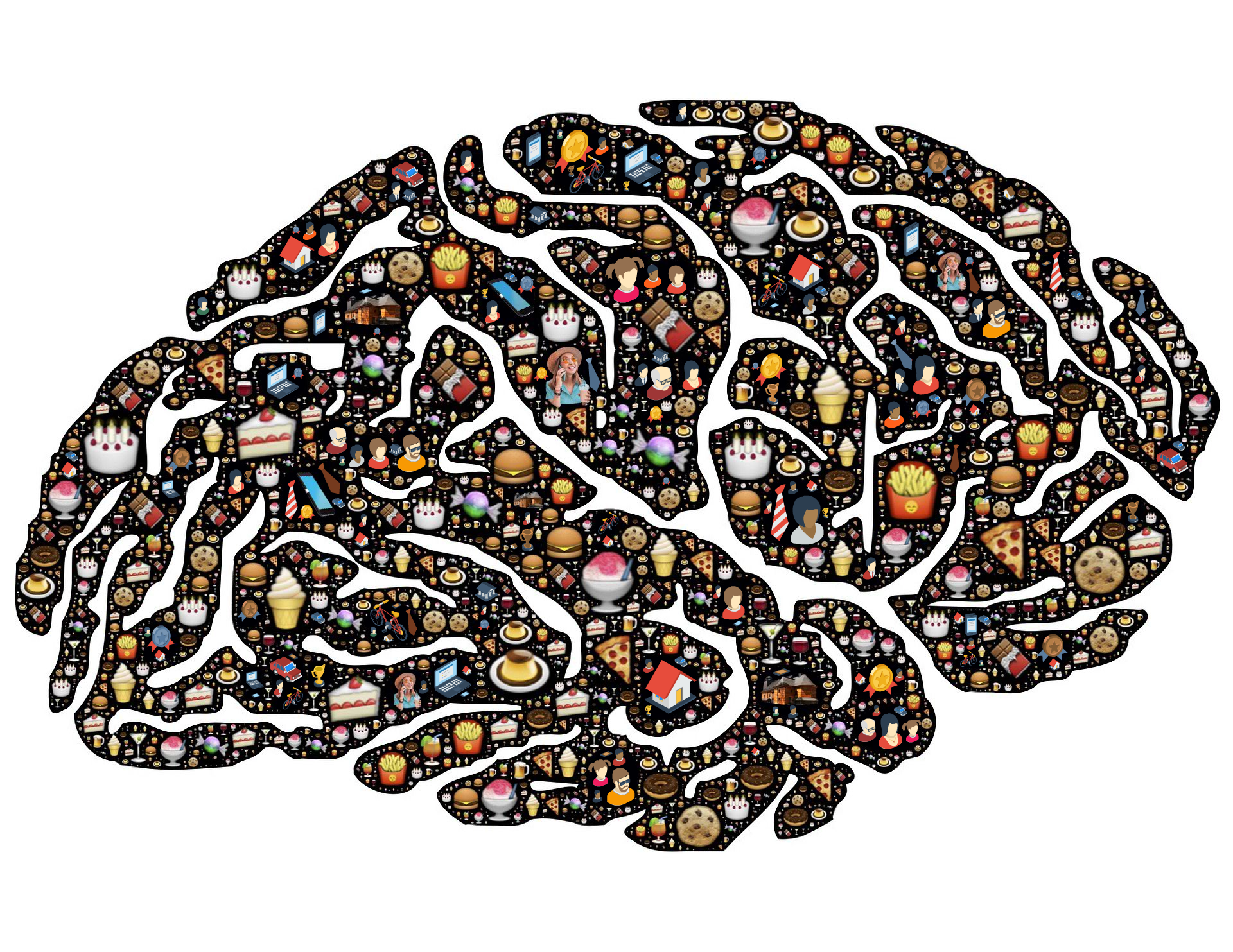 Ilustracja przedstawia kontury ludzkiego mózgu. Wypełnione są różnymi przedmiotami, takimi jak: lody, hamburgery, frytki, ciasta, ludzkie głowy, kawałki pizzy, krawat, cukierki, czekolada, telefon komórkowy, laptop, dom, samochód, postaci kobiet i mężczyzn.