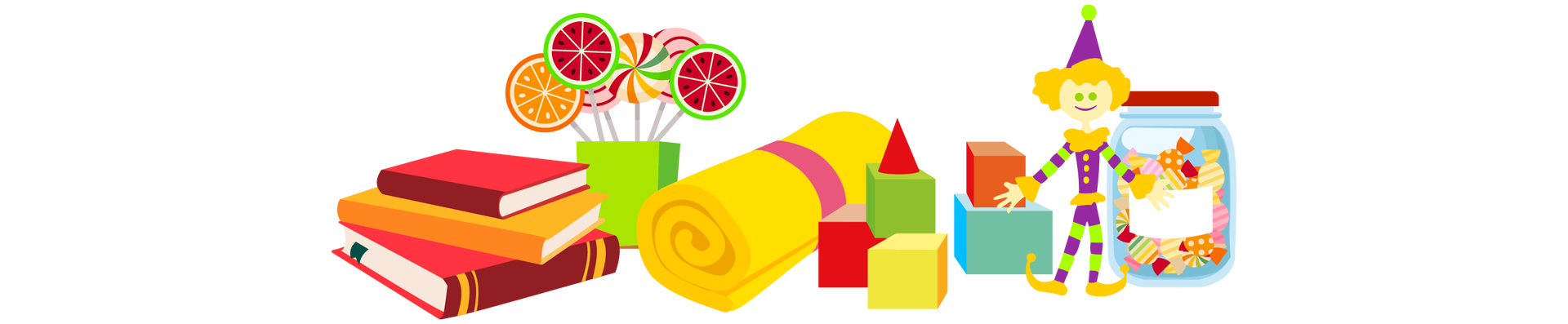 Ilustracja przedstawia różne przedmioty ułożone blisko siebie. Po lewej stronie są trzy książki ułożone jedna na drugiej. Pierwsza i trzecia ma czerwoną okładkę, a druga pomarańczową. Na prawo od książek widać kolorowe lizaki w jasnozielonym pojemniku. Na środku leży żółty koc zwinięty w rulon. Dalej na prawo leży kilka kolorowych klocków o różnych kształtach. Na prawo od klocków stoi kolorowy pajacyk. Po prawej stronie ilustracji znajdują się kolorowe cukierki w słoiku z czerwoną nakrętką.
