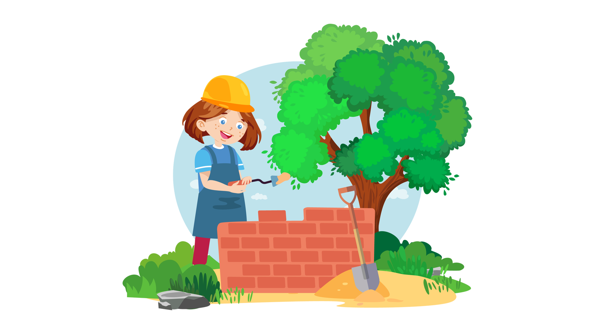 Ilustracja przedstawia fragment ceglanego muru. W tle widać błękitne niebo z jasnymi chmurami. Dookoła rosną niskie trawy i krzewy, a po prawej stronie znajduje się duże drzewo liściaste. Na pierwszym planie, po prawej stronie, widać jasny piasek, w który wbito łopatę. Łopata jest oparta o mur. Na lewo od muru stoi uśmiechnięta Maja. Jest ubrana w niebieską koszulkę z krótkimi błękitnymi rękawami, długie ciemnoróżowe spodnie, granatowy fartuch i żółty kask ochronny. W rękach trzyma szpachlę murarską, czyli narzędzie służące do nakładania na cegły specjalnej masy, która je skleja.