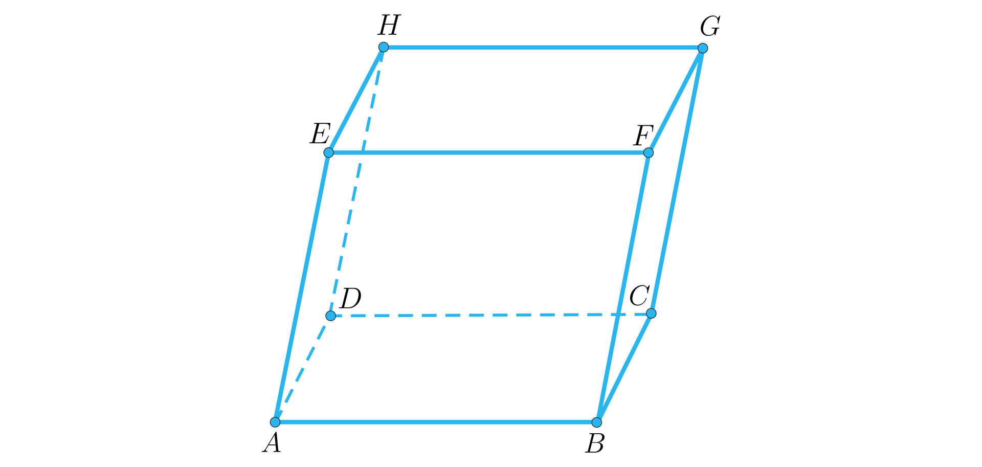 Na ilustracji przedstawiono graniastosłup o podstawie dolnej ABCD oraz górnej EFGH. Ściany boczne ABFE i DCGH są rombami. Krawędzie ścian bocznych są delikatnie nachylone ku prawej stronie.