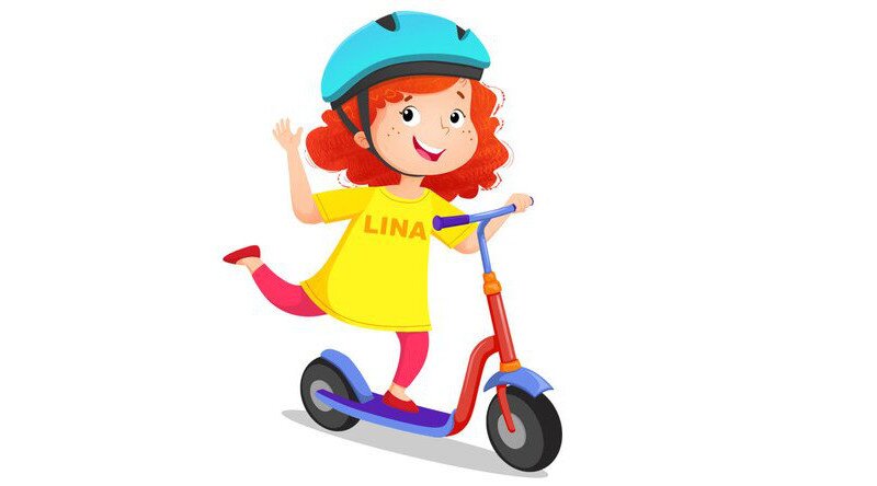 Ilustracja przedstawia dziewczynkę na hulajnodze.