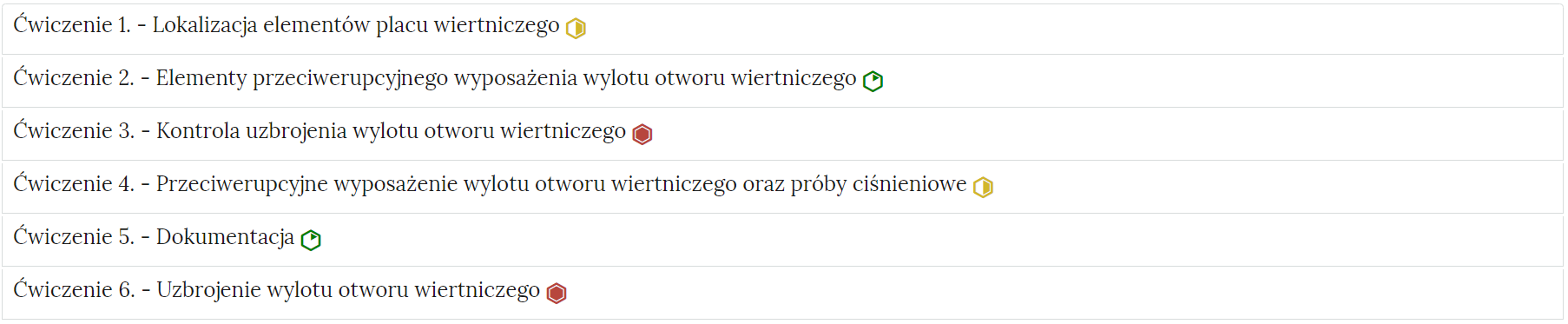 Na zdjęciu widać różne zakładki z indywidualnymi zadaniami, które są uporządkowane w formie listy. Na zdjęciu przedstawionych jest jedenaście zakładek z ćwiczeniami. Zakładki znajduje się jedna pod drugą. Zakładka składa się z numeru ćwiczenia wraz z tytułem ćwiczenia widocznym z lewej strony zdjęcia, oraz znaczkiem trudności umieszczonej po prawej stronie zakładki. Widoczne na zdjęciu przykładowe trzy pierwsze zakładki to:Ćwiczenie 1 Książki obiektu budowlanego, żółty sześciokąt którego prawa połowa jest wypełniona kolorem żółtym.Ćwiczenie 2 Wytyczne dotyczące książki obiektu budowlanego ,zielony sześciokąt którego prawy górna cześć jest wypełniona kolorem zielonym.Ćwiczenie 3 Zwroty używane w książce obiektu budowlanego, czerwony sześciokąt wypełniony w środku kolorem czerwonym.