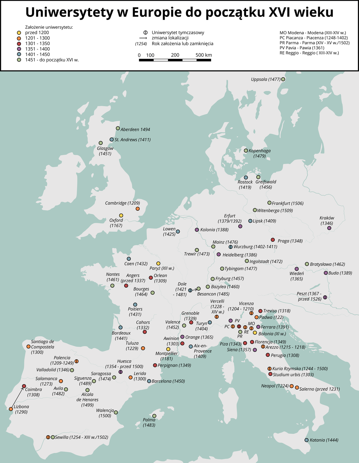Mapa przedstawia uniwersytety w Europie do początku 16 wieku. Najstarsze uniwersytety, które założono przed 1200 rokiem, to Oxford (1167), Paryż (12 wiek), Bolonia (11 wiek), Montpellier (1181 rok). Uniwersytety założone pomiędzy 1201 a 1300 rokiem to między innymi: Cambridge (1209), Padwa, Santiago de Compostela (1300), Lizbona (1290), Neapol (1224), Tuluza (1229). Pomiędzy 1301 a 1350 powstały uniwersytety między innymi w: Pradze (1348), Orleanie (1309), Grenoble (1339), Perugii (1308). W latach 1351 – 1400 założono uczelnie między innymi w Kolonii (1388), Krakowie (1346), Heidelbergu (1385), Wiedniu (1365), Budzie (1389). Pomiędzy 1401 a 1450 rokiem do życia powołano między innymi uniwersytety w: Lipsku (1409), Wurzburgu (1402‑1411), Loewn (1425). Natomiast od 1451 do początku 15 wieku założono uniwersytety miedzy innymi w Glasgow (1451), Kopenhadze (1479), Frankfurcie (1506), Wittenberdze (1509), Bratysławie (1462), Bazylei (1457), Valence (1452), Saragossie (1474), Walencji (1500), Palmie (1483), Katanii (1444).