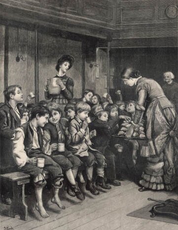 Ilustracja przedstawiająca wolontariuszy charytatywnie karmiących głodne dzieci.