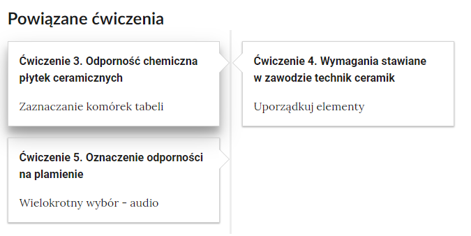 Zrzut ekranu przedstawiający nawigację po lekcji. Na ilustracji jest napis Powiązane ćwiczenia. Ćwiczenie 3. Odporność chemiczna płytek ceramicznych. Zaznaczanie komórek tabeli. Ćwiczenie 4. Wymagania stawiane w zawodzie technik ceramik. Uporządkuj elementy. Ćwiczenie 5. Oznaczenie odporności na plamienie. Wielokrotny wybór - audio.
