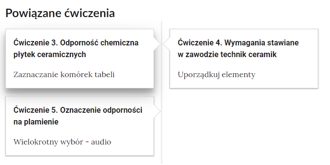 Zrzut ekranu przedstawiający nawigację po lekcji. Na ilustracji jest napis Powiązane ćwiczenia. Ćwiczenie 3. Odporność chemiczna płytek ceramicznych. Zaznaczanie komórek tabeli. Ćwiczenie 4. Wymagania stawiane w zawodzie technik ceramik. Uporządkuj elementy. Ćwiczenie 5. Oznaczenie odporności na plamienie. Wielokrotny wybór - audio. 