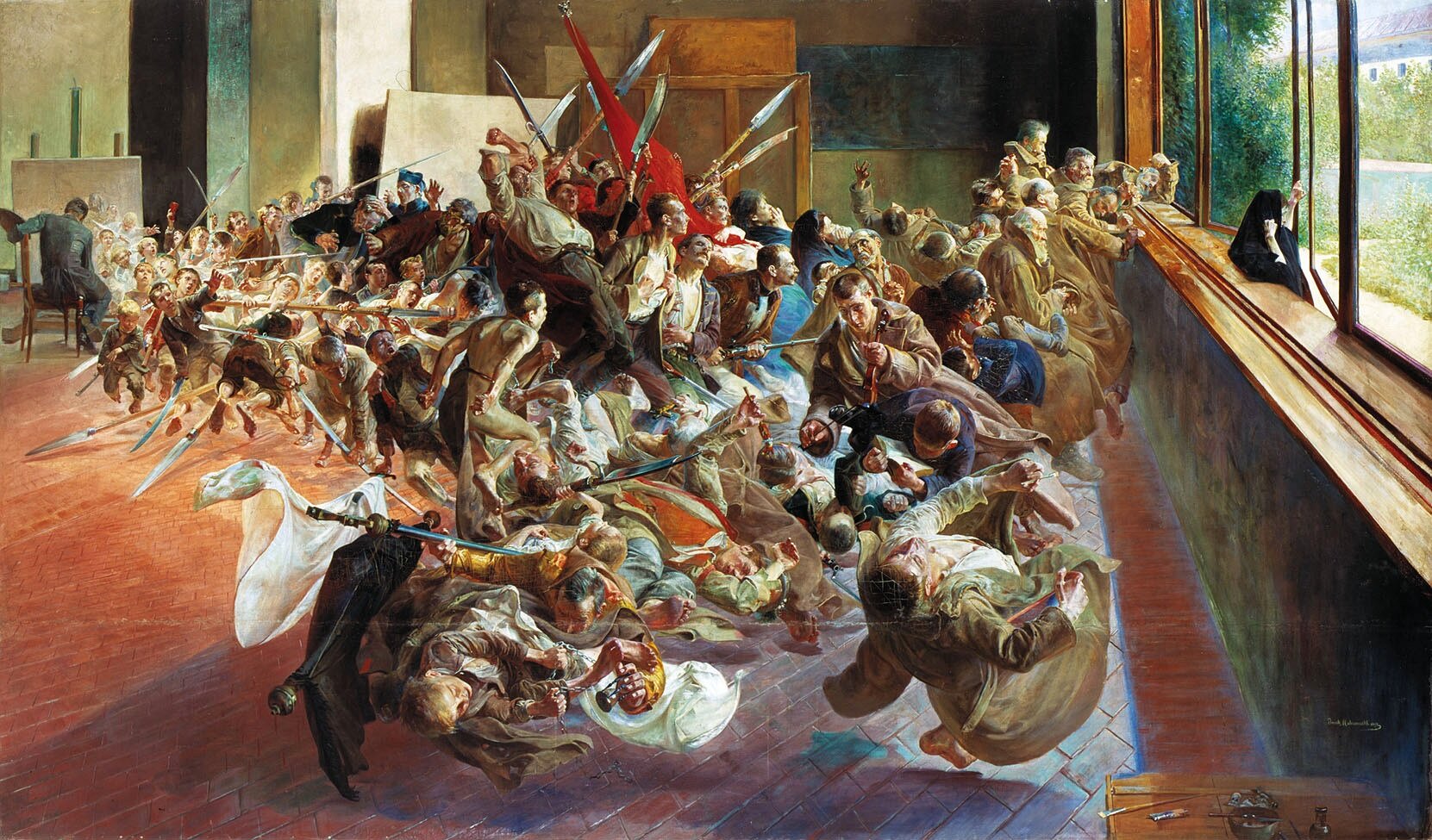 Obraz przedstawia pracownię malarską, z lewej strony u góry znajduje się nikła postać artysty. Jest skupiony na pracy przy sztaludze. Z płótna wypływa w przestrzeń pomieszczenia bezładny tłum postaci. Wśród unoszącego się tłumu znajdują się przedstawiciele wielu kategorii społecznych: powstańcy, kapłani, dzieci, zrozpaczone kobiety, skazańcy w kajdanach, kosynierzy i żołnierze napoleońscy. Wśród rekwizytów dominuje uzbrojenie, kosy osadzone na sztorc, bagnety, szable i strzelby, niektórzy zamiast oręża trzymają skrzypce, książki, klepsydry i pędzle. Tłum kieruje się do rozświetlonego okna, nieliczni, zniedołężniali starcy docierają do jego parapetu i nie mogą go przekroczyć. Po drugiej stronie okna stoi na dworze tajemnicza postać kobieca w czarnych szatach.