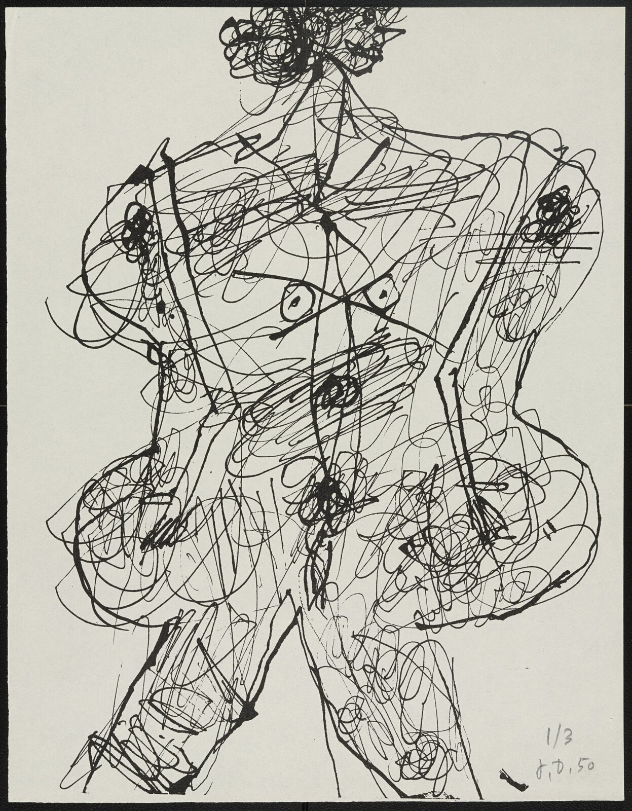 Praca Jeana Dubuffeta pod tytułem „Ciało kobiety”. Rysunek został wykonany w stylu art‑brut i jest portretem nieznanej z imienia i nazwiska kobiety. Sportretowana kobieta ma mocno zdeformowane ciało i jest widoczna od szyi w dół. Ciało kobiety jest nagie, widoczne są włosy pod pachami, piersi z sutkami oraz owłosione łono. 