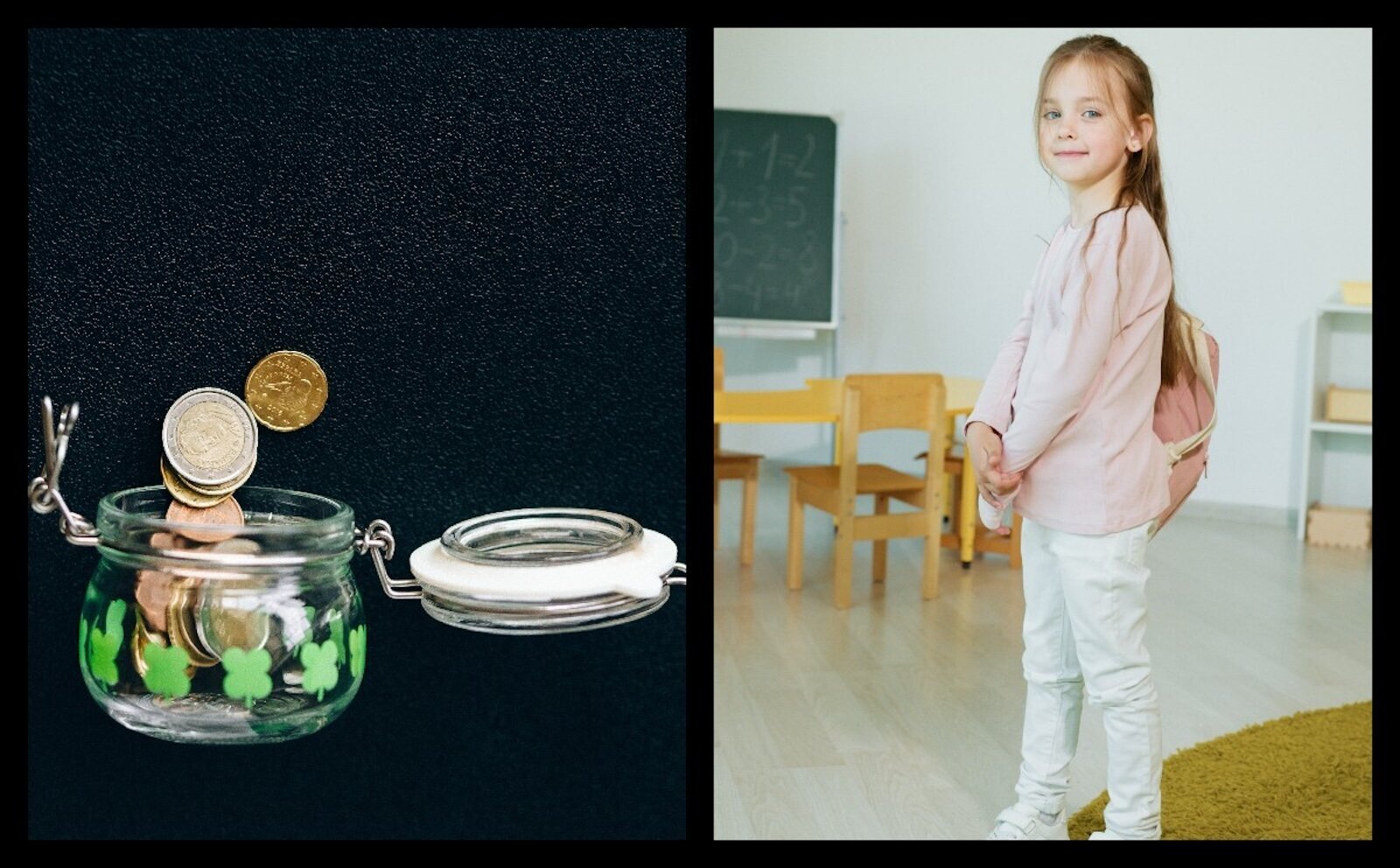 Ilustracja przedstawia skarbonkę z pieniędzmi oraz dziewczynkę 