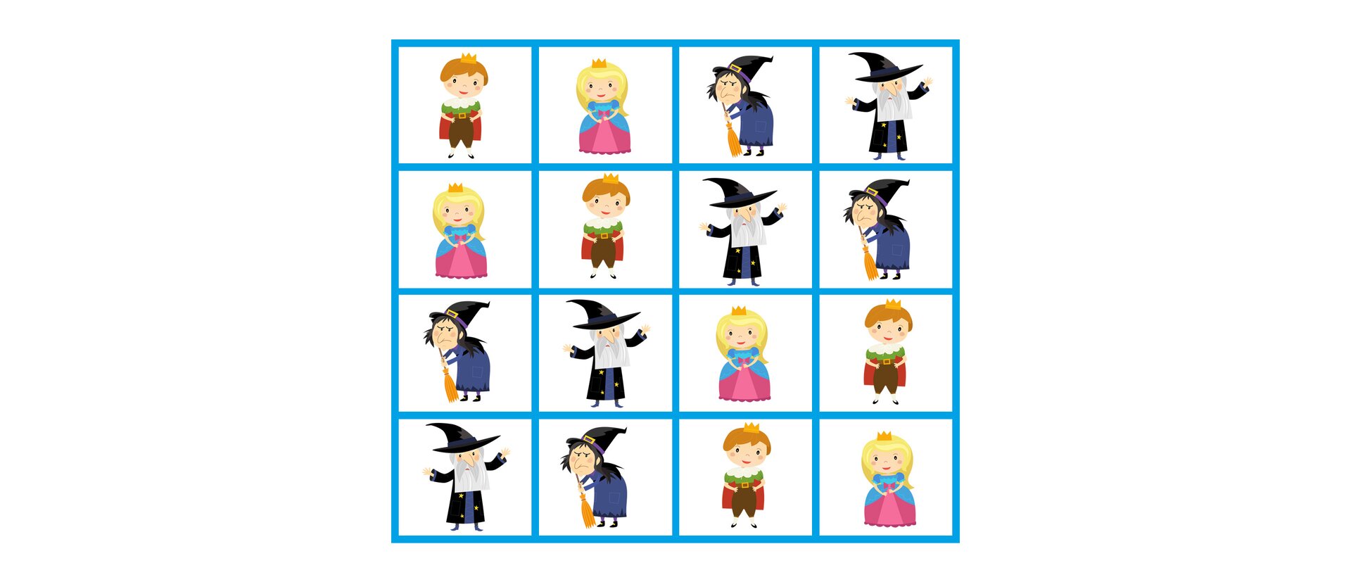 Ilustracja przedstawia uzupełnione sudoku z postaciami 