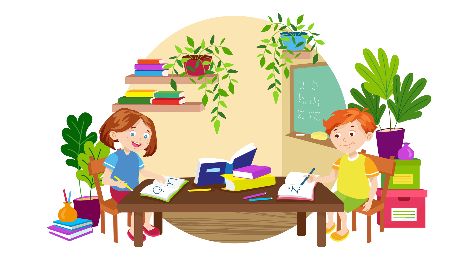 Ilustracja przedstawia klasę szkolną. Na środku stoi duży brązowy stół, na którym leżą trzy książki i trzy kredki: żółta, fioletowa i niebieska. Dwie z książek są ułożone jedna na drugiej, a trzecia, otwarta, jest o nie oparta. Po lewej stronie stołu siedzi na krześle uśmiechnięta Maja. Patrzy na leżący na stole otwarty zeszyt, w którym są napisane dwie literki: „u” i „ó”. W prawej ręce trzyma żółty długopis. Po prawej stronie stołu siedzi na krześle skupiony Franek. W prawej ręce trzyma granatowy długopis, którym pisze w otwartym zeszycie literkę „ż”. Za Frankiem stoją na podłodze dwa kartony z pokrywami, jeden na drugim: różowy i zielony. Na nich znajdują się mały fioletowy wazonik i duży kwiat w fioletowej donicy. Za Mają leżą na podłodze dwie książki jedna na drugiej, a na nich stoi mały fioletowy wazonik z dwiema kredkami: ciemnoróżową i niebieską. Za książkami stoi na podłodze duży kwiat w fioletowej donicy. Tło ilustracji ma formę koła, w którym widać fragment klasy. Na jednej ze ścian wiszą dwie półki jedna pod drugą. Na dolnej leżą cztery książki. Na górnej leżą trzy książki i stoi duży kwiat w czerwonej donicy. Na drugiej ścianie, znajdującej się w prawej części ilustracji, wisi tablica, na której są napisane literki: „u”, „ó”, „h”, „ch”, „ż”, „rz”. Poniżej znajduje się półka, na której leży kawałek białej kredy i żółta gąbka. Nad tablicą wisi kolejna półka, a na niej stoi duży kwiat w niebieskiej donicy.