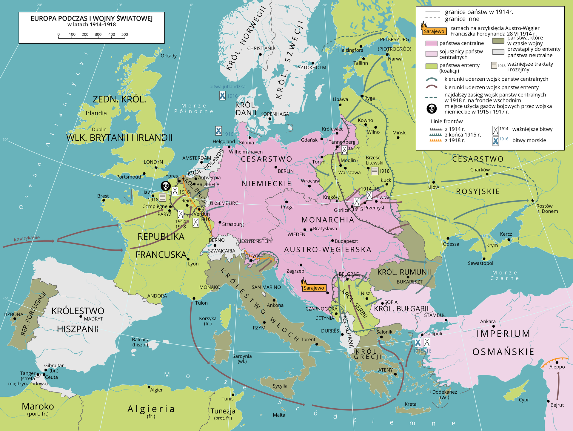 Mapa przedstawia Europę podczas pierwszej wojny światowej. Zamach na arcyksięcia Austro‑Węgier Franciszka Ferdynanda miał miejsce 28 czerwca 1914 roku w Sarajewie. Państwa centralne to Cesarstwo Niemieckie i Monarchia Austro‑Węgierska. Sojusznicy państw centralnych to Królestwo Bułgarii, Imperium Osmańskie. Państwa koalicji ententy to Cesarstwo Rosyjskie, Republika Francuska, Zjednoczone Królestwo Wielkiej Brytanii, Królestwo Serbii, Maroko, Algieria i Tunezja. Państwa, które w czasie wojny przystąpiły do ententy to Królestwo Rumunii, Królestwo Grecji, Królestwo Włoch, Królestwo Belgii i Republika Portugalii. Państwa neutralne to Królestwo Norwegii, Królestwo Szwecji, Królestwo Hiszpanii, Szwajcaria, Królestwo Holandii i Księstwo Albanii. Państwa centralne uderzały z wschodniego Cesarstwa Niemieckiego i Monarchii Austro‑Węgier w kierunku Cesarstwa Rosyjskiego oraz z Monarchii Austro‑Węgier na Królestwo Rumunii i Królestwo Serbii. Państwa ententy uderzały z Republiki Francuskiej na Królestwo Grecji i Bułgarii. Z Cesarstwa Rosyjskiego na Cesarstwo Niemieckie oraz z Ameryki do Republiki Francuskiej. Najdalszy zasięg wojsk państw centralnych w 1918 roku na froncie wschodnim sięgał za Charków i Rostów nad Dunajem. Miejsce użycia gazów bojowych przez wojska niemieckie w 1915 i 1917 roku to Ypres we Francji. Linia frontu z 1914 roku sięgała za Królewiec, Toruń, Wrocław, Gorlice. Linia frontu z końca 1915 roku sięgała za Rygę, Kowno, Wilno, Brześć Litewski, Łuck, Lwów. Linia frontu z 1918 roku przebiegała na wschodniej granicy Francji. Bitwy miały miejsce w północno wschodniej Francji w latach od 1914 do 1918, pod Gorlicami w 1915 roku, pod Przemyślem w 1914 roku. Bitwy morskie to bitwa jutlandzka z 1916 roku, nad Helgolandem w 1916 roku oraz na zachodnim wybrzeżu Imperium Osmańskiego. Traktaty podpisano w Compiegne we Francji w 1918 roku, w Brześciu Litewskim w 1918 roku.