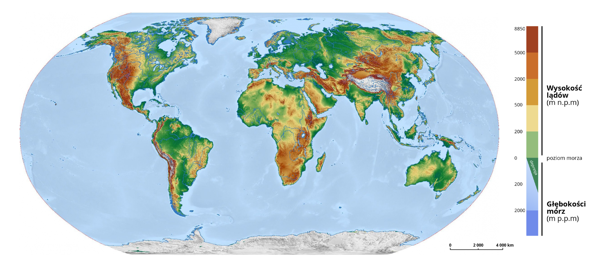Na mapie fizycznej świata zaznaczono wysokość lądów i głębokość mórz. Zaznaczono obszary występowania wyżyn, gór, nizin, depresji, głębokość mórz sięgającą poniżej 2000 metrów pod poziomem morza. Lądy z wysokością powyżej 500 metrów nad poziomem morza to głównie zachodnie obszary Ameryki Północnej, Ameryki Południowej, południe Afryki, centralna część Azji. Obszary od 200 do 500 metrów nad poziomem morza to między innymi wschodnia część Ameryki Południowej, znaczna część północnej i środkowej Afryki, zachodnia część Australii, południowe i centralne Indie, znaczna część Półwyspu Arabskiego, miejscami Europa Południowa. Obszary od zera do 200 metrów nad poziomem morza oraz obszary depresji (150 metrów poniżej poziomu morza) to pozostałe tereny na świecie. Głębokość mórz i oceanów - tu dominuje wartość od zera do 2000 metrów pod poziomem morza. Poniżej 2000 metrów zaznaczono między innymi Rów Mariański w zachodniej części Oceanu Spokojnego, miejsca u południowych wybrzeży Ameryki Południowej, obszary w rejonie Indonezji, w pobliżu Alaski, zachodniego wybrzeża Kanady, wzdłuż wybrzeża Norwegii.