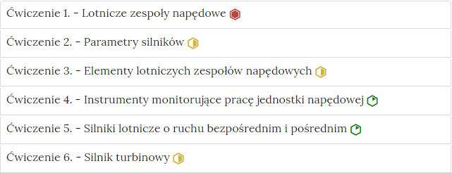 Zrzut ekranu przedstawia przykładowy wygląd zakładek z interaktywnymi materiałami sprawdzającymi. Widoczne jest sześć zakładek z ćwiczeniami, na każdej zakładce jest numer ćwiczenia i jego tytuł. Po tytule widać symbol poziomu trudności danego ćwiczenia.